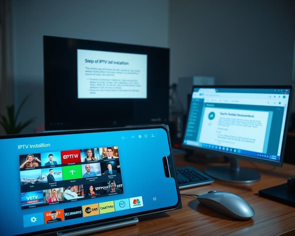 A bright and well-lit home office setup, with a desktop computer, keyboard, and mouse on a wooden desk. In the foreground, a mobile device displays an IPTV interface, showcasing a variety of live TV channels and on-demand content. On the desktop, several windows are open, including a step-by-step guide for IPTV installation, technical documentation, and an internet browser. Soft, directional lighting illuminates the scene, creating a sense of focus and professionalism. The overall atmosphere is one of a smooth, well-organized IPTV setup process, ready to be implemented by the user. A bright and well-lit home office setup, with a desktop computer, keyboard, and mouse on a wooden desk. In the foreground, a mobile device displays an IPTV interface, showcasing a variety of live TV channels and on-demand content. On the desktop, several windows are open, including a step-by-step guide for IPTV installation, technical documentation, and an internet browser. Soft, directional lighting illuminates the scene, creating a sense of focus and professionalism. The overall atmosphere is one of a smooth, well-organized IPTV setup process, ready to be implemented by the user.