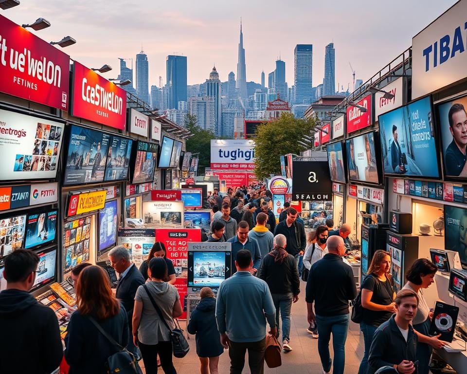 A bustling French IPTV OTT marketplace, showcasing a diverse array of premium service providers. In the foreground, colorful displays and signage highlight the various IPTV packages, channels, and features available. Customers peruse the stalls, evaluating the offerings and discussing their options. The middle ground features a mix of digital devices and streaming equipment, highlighting the technological aspects of the IPTV OTT ecosystem. In the background, a cityscape backdrop evokes the urban setting, with skyscrapers and landmarks visible. The lighting is warm and inviting, creating an atmosphere of excitement and exploration. The overall scene conveys the vibrant and dynamic nature of the premium IPTV OTT market in France. A bustling French IPTV OTT marketplace, showcasing a diverse array of premium service providers. In the foreground, colorful displays and signage highlight the various IPTV packages, channels, and features available. Customers peruse the stalls, evaluating the offerings and discussing their options. The middle ground features a mix of digital devices and streaming equipment, highlighting the technological aspects of the IPTV OTT ecosystem. In the background, a cityscape backdrop evokes the urban setting, with skyscrapers and landmarks visible. The lighting is warm and inviting, creating an atmosphere of excitement and exploration. The overall scene conveys the vibrant and dynamic nature of the premium IPTV OTT market in France.