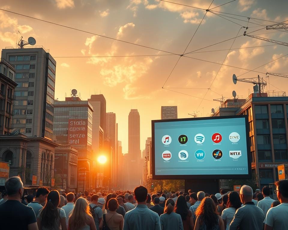A bustling cityscape with modern high-rise buildings and satellite dishes adorning the rooftops. In the foreground, people are gathered around a large outdoor screen, intently watching an online television broadcast. The scene is bathed in a warm, golden light, creating a sense of progress and technological advancement. The middle ground features a sleek, minimalist interface displaying a variety of online TV service icons, highlighting the evolution of television consumption. In the background, a network of cables and wireless signals symbolize the interconnectivity and ubiquity of these digital television services. The overall atmosphere conveys the transformation of the traditional television landscape into a dynamic, on-demand, and adaptable medium.