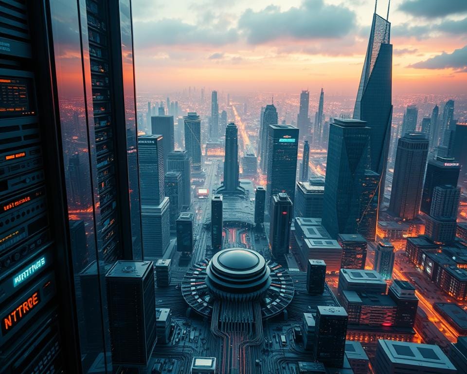 A bustling technological cityscape, with towering skyscrapers and sleek, futuristic architecture. In the foreground, a central hub of interconnected devices, servers, and cables, symbolizing the complex infrastructure of OTT (Over-the-Top) media delivery. The middle ground features a diverse array of digital devices, tablets, and smartphones, each representing the multitude of platforms and devices used to access OTT content. In the background, a vibrant, neon-lit landscape, with pulsing data streams and digital landscapes, conveying the dynamic and ever-evolving nature of the OTT technology. The scene is captured with a cinematic, wide-angle lens, bathed in a warm, futuristic lighting that emphasizes the cutting-edge, innovative nature of the OTT ecosystem.