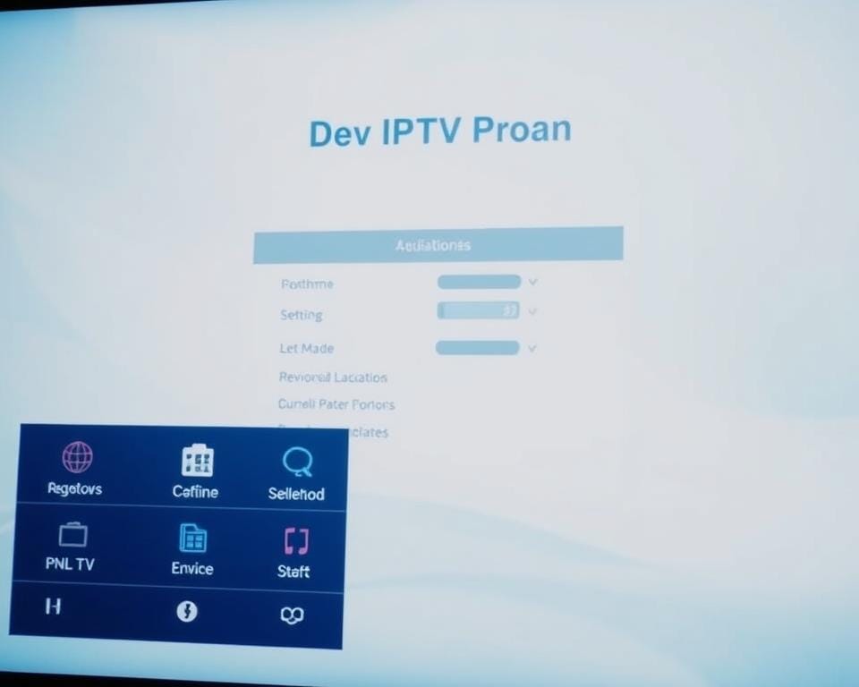 A clean, well-organized user interface for the Dev IPTV Pro application, showcasing the initial configuration screen. The foreground displays the main menu options, with clearly labeled icons and intuitive controls. The middle ground features a settings panel with various configuration options, while the background subtly blends with a soft, gradient-based pattern that complements the overall aesthetic. The lighting is soft and diffused, creating a sense of clarity and approachability. The camera angle is slightly elevated, providing an unobstructed view of the application's layout and functionality. The overall mood is professional, user-friendly, and inviting, reflecting the practical nature of the "Guide pratique pour utiliser Dev IPTV Pro" article. A clean, well-organized user interface for the Dev IPTV Pro application, showcasing the initial configuration screen. The foreground displays the main menu options, with clearly labeled icons and intuitive controls. The middle ground features a settings panel with various configuration options, while the background subtly blends with a soft, gradient-based pattern that complements the overall aesthetic. The lighting is soft and diffused, creating a sense of clarity and approachability. The camera angle is slightly elevated, providing an unobstructed view of the application's layout and functionality. The overall mood is professional, user-friendly, and inviting, reflecting the practical nature of the "Guide pratique pour utiliser Dev IPTV Pro" article.