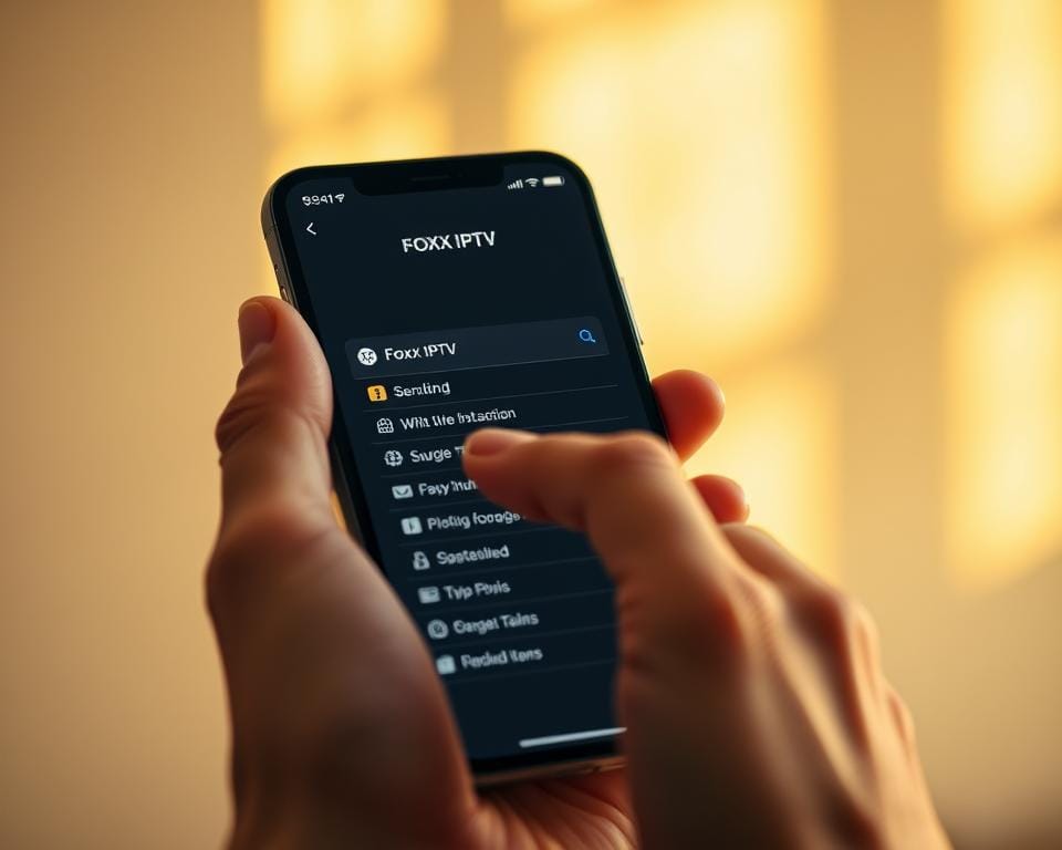 A crisp, clean iPhone display shows the Foxx IPTV app's intuitive interface, with a soft glow illuminating the screen. The user's hand gracefully interacts with the touchscreen, navigating seamlessly through the app's menus and options. The background is a blurred, minimalist setting, allowing the device and app to take center stage. Warm, natural lighting casts a subtle, inviting ambiance, creating a sense of ease and simplicity for the iOS IPTV installation process. The overall composition captures the elegance and user-friendliness of setting up Foxx IPTV on an iPhone or iPad. A crisp, clean iPhone display shows the Foxx IPTV app's intuitive interface, with a soft glow illuminating the screen. The user's hand gracefully interacts with the touchscreen, navigating seamlessly through the app's menus and options. The background is a blurred, minimalist setting, allowing the device and app to take center stage. Warm, natural lighting casts a subtle, inviting ambiance, creating a sense of ease and simplicity for the iOS IPTV installation process. The overall composition captures the elegance and user-friendliness of setting up Foxx IPTV on an iPhone or iPad.
