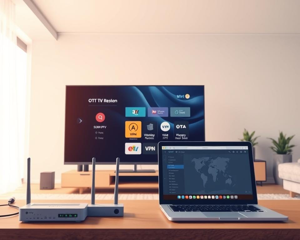 A detailed and realistic illustration showcasing the integration of an OTT IPTV service with a VPN. The foreground features a sleek smart TV displaying the OTT IPTV interface, surrounded by various networking devices like a router and a VPN router. The middle ground depicts a laptop running a VPN client application, while the background showcases a serene, yet modern home interior with minimalist decor. The lighting is soft and diffused, creating a warm and inviting atmosphere. The overall composition emphasizes the seamless integration of technology, highlighting how a VPN can enhance the OTT IPTV experience. A detailed and realistic illustration showcasing the integration of an OTT IPTV service with a VPN. The foreground features a sleek smart TV displaying the OTT IPTV interface, surrounded by various networking devices like a router and a VPN router. The middle ground depicts a laptop running a VPN client application, while the background showcases a serene, yet modern home interior with minimalist decor. The lighting is soft and diffused, creating a warm and inviting atmosphere. The overall composition emphasizes the seamless integration of technology, highlighting how a VPN can enhance the OTT IPTV experience.