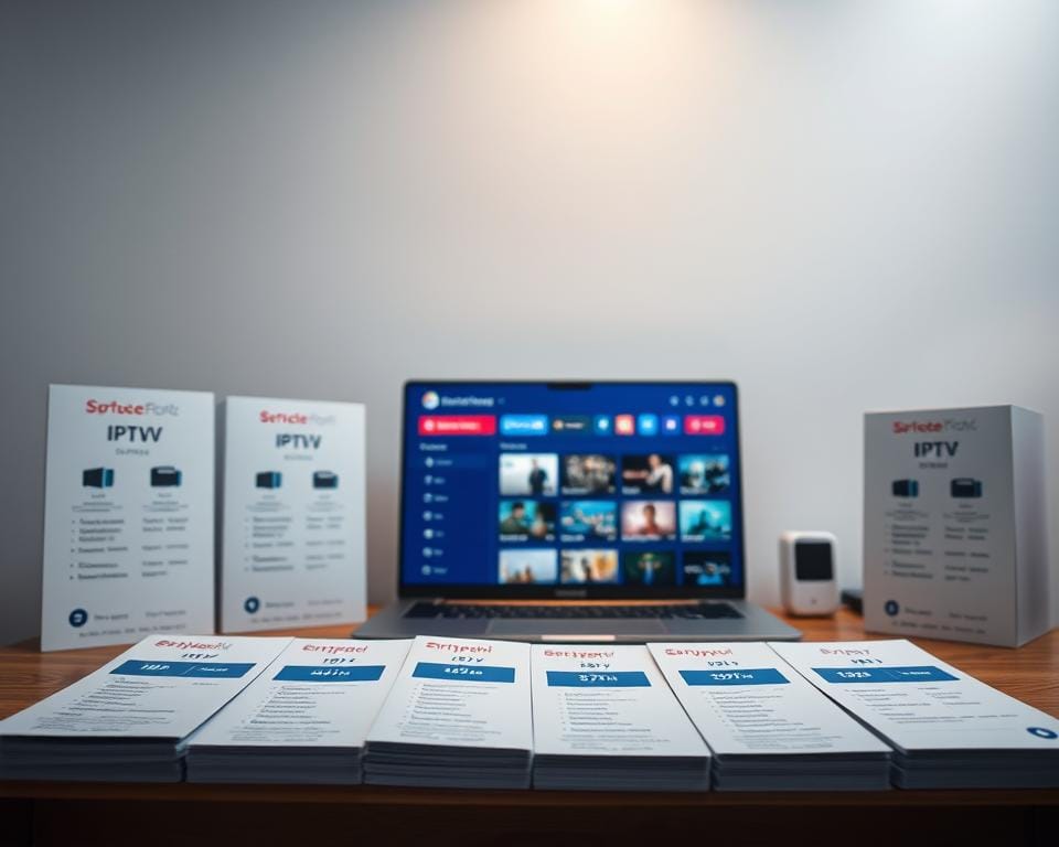 A detailed, high-resolution image of various IPTV subscription packages and pricing tiers. In the foreground, neatly organized service plans with clear pricing information, icons, and descriptive labels. In the middle ground, a laptop or mobile device displaying the IPTV platform's user interface, showcasing the range of content available. The background features a clean, professional aesthetic with subtle gradients and geometric shapes, conveying a sense of modern technology and digital entertainment. The lighting is soft and even, highlighting the key elements while maintaining an elegant, minimalist atmosphere. The overall composition should emphasize the breadth of IPTV options and the accessible, user-friendly nature of the service. A detailed, high-resolution image of various IPTV subscription packages and pricing tiers. In the foreground, neatly organized service plans with clear pricing information, icons, and descriptive labels. In the middle ground, a laptop or mobile device displaying the IPTV platform's user interface, showcasing the range of content available. The background features a clean, professional aesthetic with subtle gradients and geometric shapes, conveying a sense of modern technology and digital entertainment. The lighting is soft and even, highlighting the key elements while maintaining an elegant, minimalist atmosphere. The overall composition should emphasize the breadth of IPTV options and the accessible, user-friendly nature of the service.