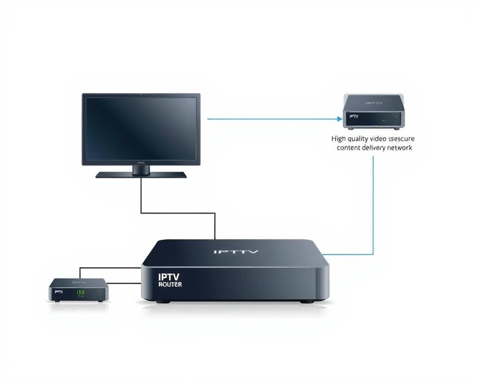 A detailed, technical illustration of an IPTV system's functioning. Depicted in a clean, minimalist style with a white background, the image shows the core components and data flow: an IPTV set-top box connected to a home router, receiving a high-quality video stream from an IPTV service provider's secure content delivery network. Crisp lines and simple shapes convey the modern, digital nature of IPTV, while subtle highlights and shadows add depth and dimensionality. The overall tone is informative and educational, suitable for a technical tutorial on understanding IPTV. A detailed, technical illustration of an IPTV system's functioning. Depicted in a clean, minimalist style with a white background, the image shows the core components and data flow: an IPTV set-top box connected to a home router, receiving a high-quality video stream from an IPTV service provider's secure content delivery network. Crisp lines and simple shapes convey the modern, digital nature of IPTV, while subtle highlights and shadows add depth and dimensionality. The overall tone is informative and educational, suitable for a technical tutorial on understanding IPTV.