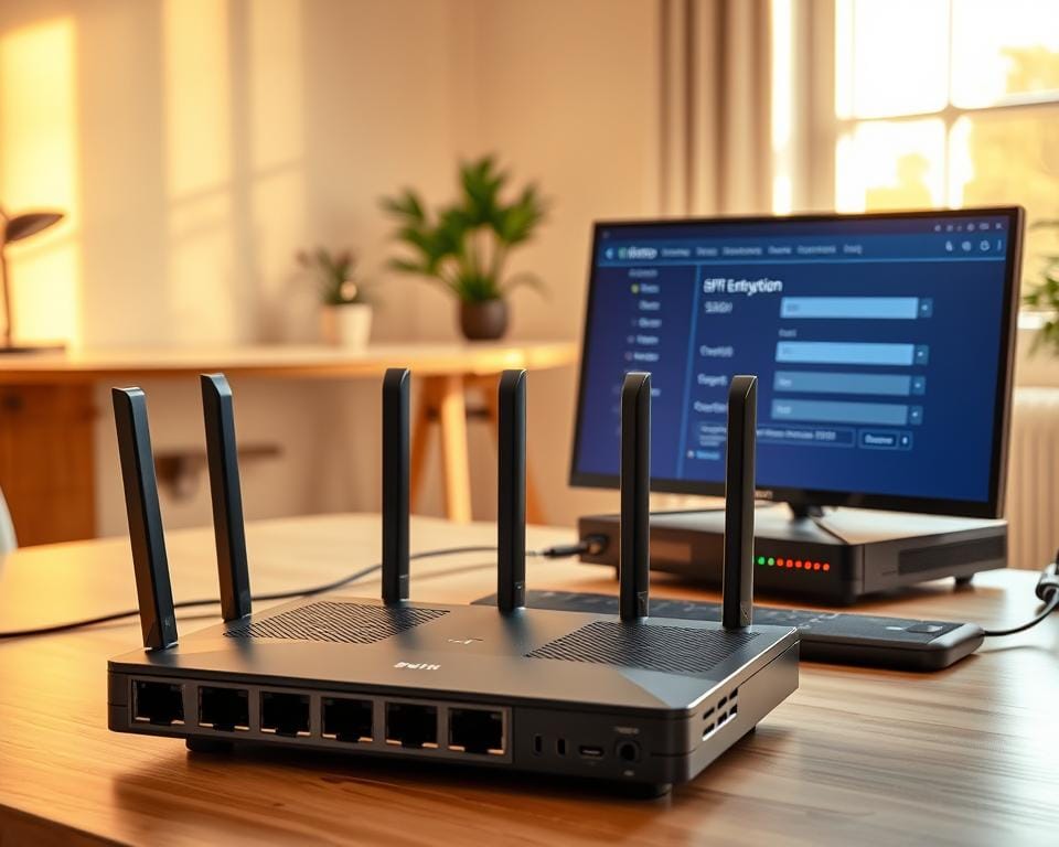 A detailed, well-lit desktop scene showcasing the configuration of a Wi-Fi IPTV setup. In the foreground, a sleek router with multiple ethernet ports and wireless antennas. On the screen, a network configuration interface with options for SSID, encryption, and IP settings. In the middle ground, an IPTV set-top box connected to the router via ethernet cable, its status lights indicating an active connection. The background features a minimalist home office environment with a desk, chair, and potted plant, bathed in warm, natural lighting from a window. A detailed, well-lit desktop scene showcasing the configuration of a Wi-Fi IPTV setup. In the foreground, a sleek router with multiple ethernet ports and wireless antennas. On the screen, a network configuration interface with options for SSID, encryption, and IP settings. In the middle ground, an IPTV set-top box connected to the router via ethernet cable, its status lights indicating an active connection. The background features a minimalist home office environment with a desk, chair, and potted plant, bathed in warm, natural lighting from a window.
