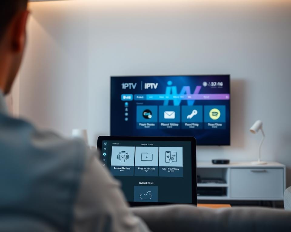 A detailed, well-lit installation guide for an IPTV service. In the foreground, a sleek, modern smart TV displaying the IPTV interface, showcasing its user-friendly design. In the middle ground, a series of easy-to-follow installation steps on a tablet or laptop, guiding the viewer through the setup process. In the background, a minimalist home entertainment center, highlighting how the IPTV solution seamlessly integrates with existing home theater equipment. The overall scene conveys a sense of simplicity and accessibility, inviting the viewer to effortlessly enjoy a high-quality streaming experience. A detailed, well-lit installation guide for an IPTV service. In the foreground, a sleek, modern smart TV displaying the IPTV interface, showcasing its user-friendly design. In the middle ground, a series of easy-to-follow installation steps on a tablet or laptop, guiding the viewer through the setup process. In the background, a minimalist home entertainment center, highlighting how the IPTV solution seamlessly integrates with existing home theater equipment. The overall scene conveys a sense of simplicity and accessibility, inviting the viewer to effortlessly enjoy a high-quality streaming experience.