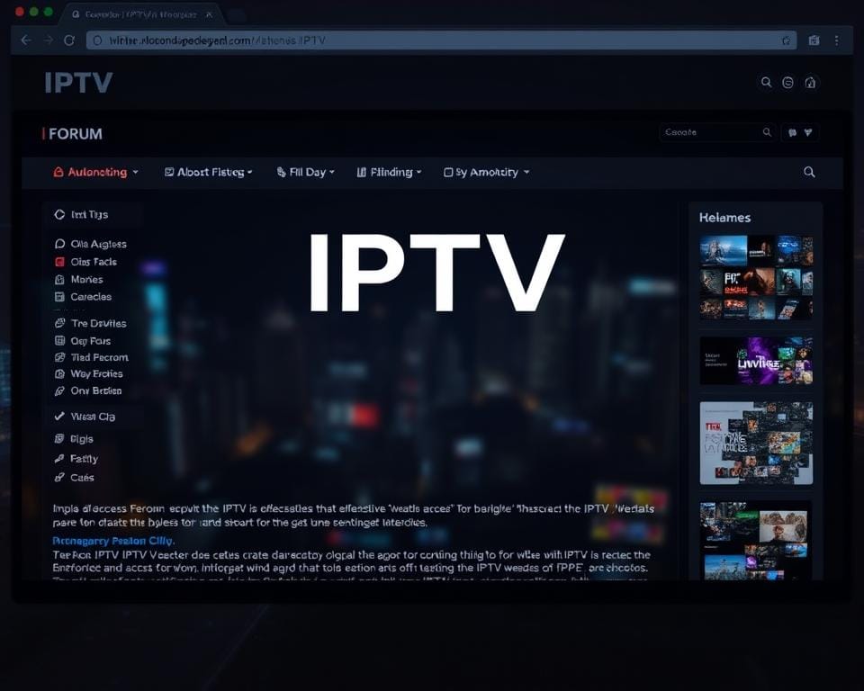 A dimly lit forum website with a prominent "IPTV" header, surrounded by subtle icons and visual cues suggesting access to various television content. The layout is clean and organized, with a sense of professionalism and reliability. The background features a blurred cityscape, hinting at the global reach and interconnectivity of the IPTV community. The overall mood is one of authoritative, trustworthy information sharing, inviting the viewer to explore the forum's offerings.