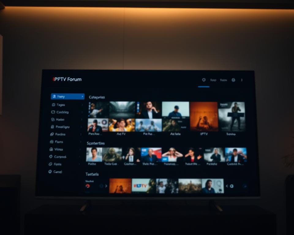 A dimly lit, modern forum interface showcasing an IPTV section. In the foreground, a sleek and intuitive navigation menu with clear category labels. The middle ground features a grid of thumbnail previews for various IPTV channels and content. The background displays a subtle, blurred pattern suggestive of video screens or technical visuals. The overall mood is one of efficiency and professionalism, encouraging the user to explore the IPTV options seamlessly. Soft, warm lighting emanates from the screen, creating a welcoming atmosphere. The camera angle is slightly elevated, providing an optimized view of the interface's layout and functionality. A dimly lit, modern forum interface showcasing an IPTV section. In the foreground, a sleek and intuitive navigation menu with clear category labels. The middle ground features a grid of thumbnail previews for various IPTV channels and content. The background displays a subtle, blurred pattern suggestive of video screens or technical visuals. The overall mood is one of efficiency and professionalism, encouraging the user to explore the IPTV options seamlessly. Soft, warm lighting emanates from the screen, creating a welcoming atmosphere. The camera angle is slightly elevated, providing an optimized view of the interface's layout and functionality.