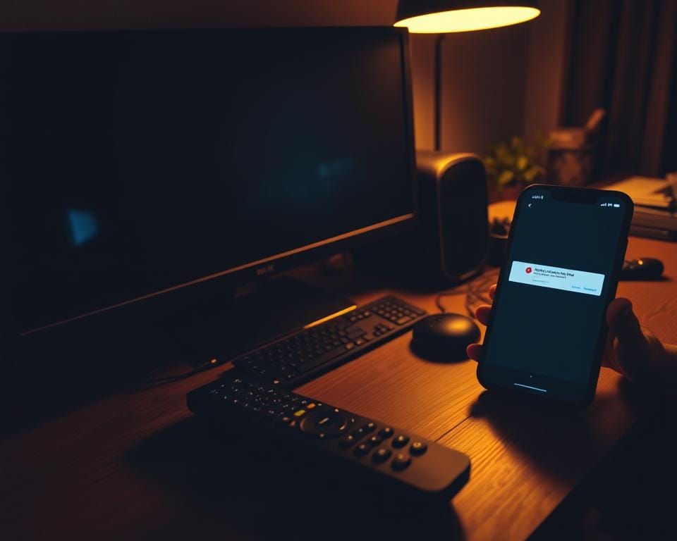 A dimly lit office workspace with a desktop computer, an IPTV remote control, and a smartphone displaying an error message on the screen. The lighting is warm and inviting, creating a sense of frustration and problem-solving. The angle is slightly elevated, giving a bird's-eye view of the scene. The composition emphasizes the various devices and the user's struggle to troubleshoot the IPTV issues. The atmosphere conveys the challenges faced when dealing with common IPTV problems, aligning with the article's subject and section title. A dimly lit office workspace with a desktop computer, an IPTV remote control, and a smartphone displaying an error message on the screen. The lighting is warm and inviting, creating a sense of frustration and problem-solving. The angle is slightly elevated, giving a bird's-eye view of the scene. The composition emphasizes the various devices and the user's struggle to troubleshoot the IPTV issues. The atmosphere conveys the challenges faced when dealing with common IPTV problems, aligning with the article's subject and section title.