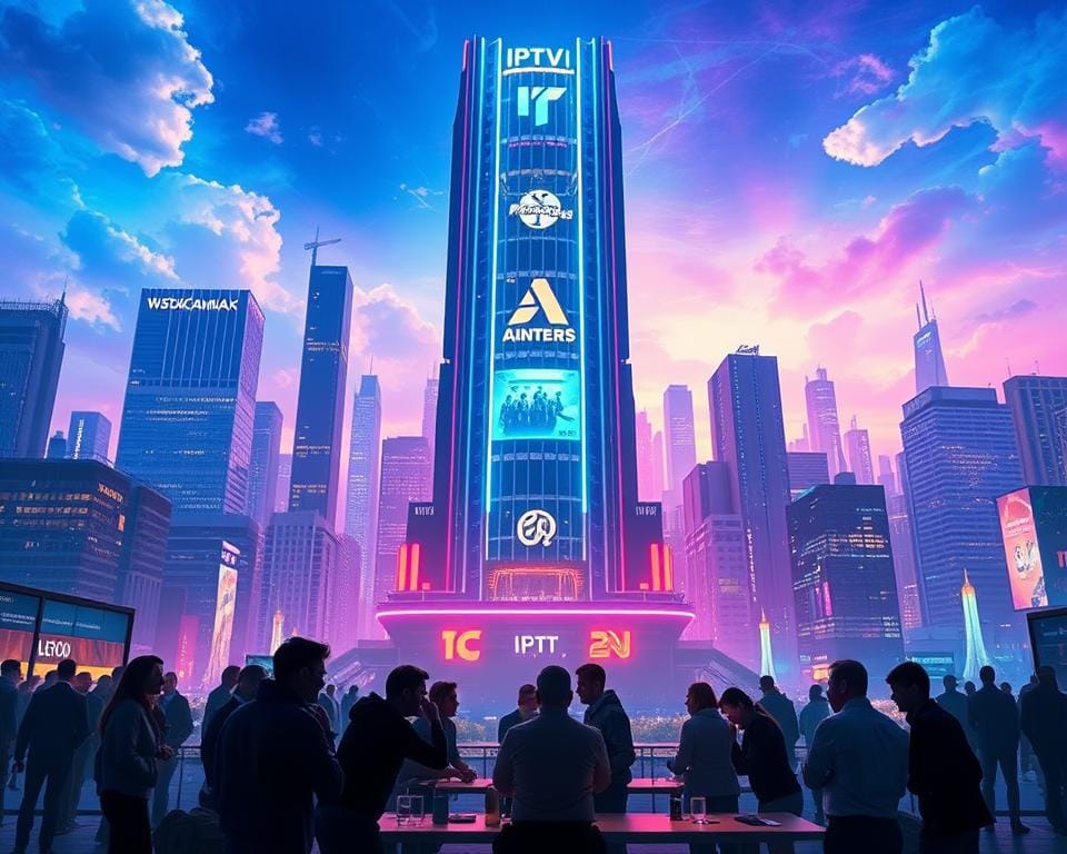 A futuristic cityscape with a towering, neon-lit building in the center, representing the future of IPTV premium in France. The building's facade is adorned with sleek, minimalist designs and holographic displays showcasing IPTV content. In the foreground, a group of people gather around a table, engaged in a discussion, symbolizing the growing demand and discussions around the evolution of IPTV services. The background is filled with a vibrant, electric-blue sky, conveying a sense of technological advancement and progress. The lighting is a combination of warm, ambient tones and cool, neon accents, creating a visually striking and immersive scene. A futuristic cityscape with a towering, neon-lit building in the center, representing the future of IPTV premium in France. The building's facade is adorned with sleek, minimalist designs and holographic displays showcasing IPTV content. In the foreground, a group of people gather around a table, engaged in a discussion, symbolizing the growing demand and discussions around the evolution of IPTV services. The background is filled with a vibrant, electric-blue sky, conveying a sense of technological advancement and progress. The lighting is a combination of warm, ambient tones and cool, neon accents, creating a visually striking and immersive scene.