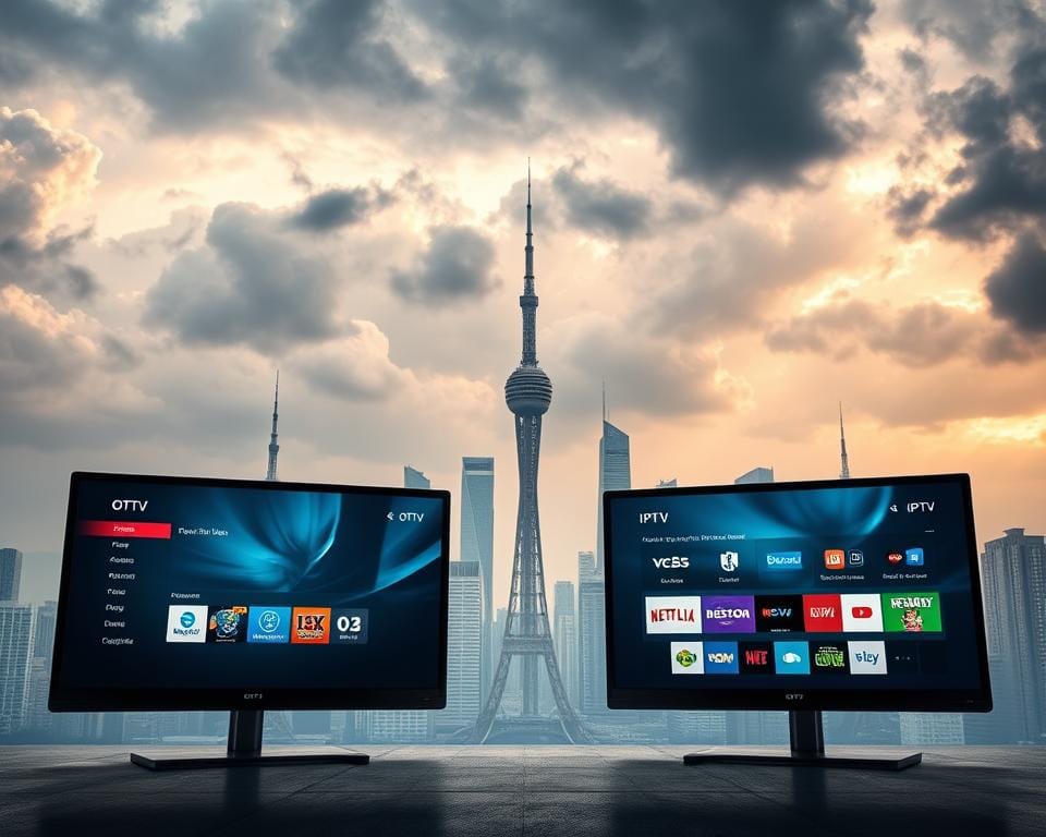 A high-contrast, cinematic comparison of OTT and IPTV technologies. In the foreground, two sleek, modern television sets display the distinct interfaces of OTT and IPTV services, showcasing their unique features and capabilities. The middle ground depicts a futuristic cityscape, with skyscrapers and transmission towers hinting at the underlying digital infrastructure that powers these innovative media delivery methods. The background is a dramatic, moody sky filled with ominous clouds, creating a sense of dynamism and the rapid evolution of the digital landscape. Dramatic lighting casts sharp shadows, emphasizing the technical details and complexity of these competing media platforms.