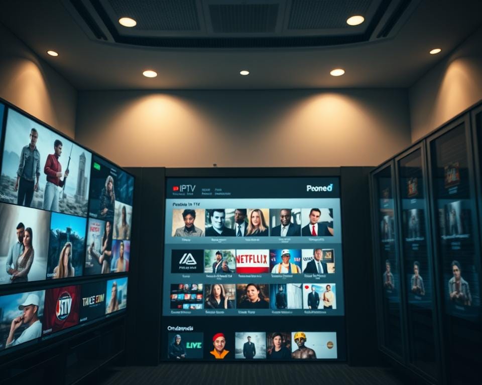 A high-definition IPTV streaming service with a sleek, modern user interface. The foreground showcases an array of popular live TV channels, each with a clear, vibrant thumbnail. The middle ground features a clean grid layout highlighting various on-demand content categories, while the background subtly suggests a sophisticated, technology-driven environment with subtle hints of circuit boards or server racks. The lighting is balanced, with a soft, warm glow creating an inviting atmosphere. The camera angle is slightly elevated, giving a sense of overview and control. The overall aesthetic conveys a professional, high-quality IPTV platform that caters to the discerning viewer. A high-definition IPTV streaming service with a sleek, modern user interface. The foreground showcases an array of popular live TV channels, each with a clear, vibrant thumbnail. The middle ground features a clean grid layout highlighting various on-demand content categories, while the background subtly suggests a sophisticated, technology-driven environment with subtle hints of circuit boards or server racks. The lighting is balanced, with a soft, warm glow creating an inviting atmosphere. The camera angle is slightly elevated, giving a sense of overview and control. The overall aesthetic conveys a professional, high-quality IPTV platform that caters to the discerning viewer.