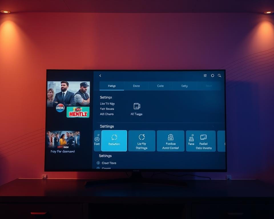 A high-definition configuration screen for an IPTV service, displaying a sleek and modern interface. The foreground shows a large display with a variety of channel options, including popular live TV networks and on-demand content. The middle ground features various setup and settings menus, allowing the user to customize their IPTV experience. In the background, a minimalist and elegant design with subtle gradient patterns creates a sense of depth and sophistication. The entire scene is bathed in warm, soft lighting that emphasizes the high-tech and premium nature of the IPTV system, suitable for use on Android TV and set-top boxes. A high-definition configuration screen for an IPTV service, displaying a sleek and modern interface. The foreground shows a large display with a variety of channel options, including popular live TV networks and on-demand content. The middle ground features various setup and settings menus, allowing the user to customize their IPTV experience. In the background, a minimalist and elegant design with subtle gradient patterns creates a sense of depth and sophistication. The entire scene is bathed in warm, soft lighting that emphasizes the high-tech and premium nature of the IPTV system, suitable for use on Android TV and set-top boxes.