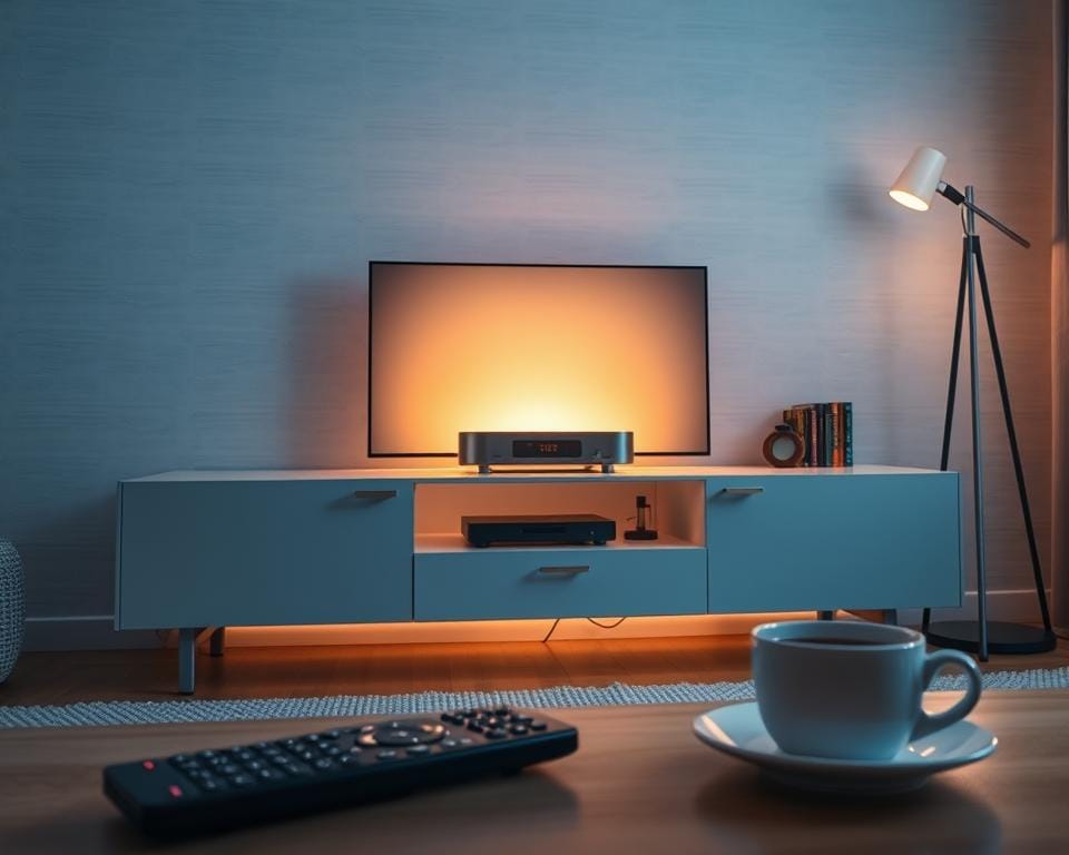 A high-quality IPTV OTT device resting on a sleek, minimalist entertainment center. The device is backlit by a soft, warm glow, casting a cozy ambiance throughout the scene. The center is placed against a wall with subtle, modern wallpaper, creating a clean, sophisticated atmosphere. The room is illuminated by a combination of ambient and task lighting, with a floor lamp casting gentle shadows. In the foreground, a remote control and a cup of coffee or tea suggest the convenience and comfort of the IPTV OTT experience. The overall composition conveys the superior quality, versatility, and user-friendly nature of premium IPTV OTT services compared to traditional television.