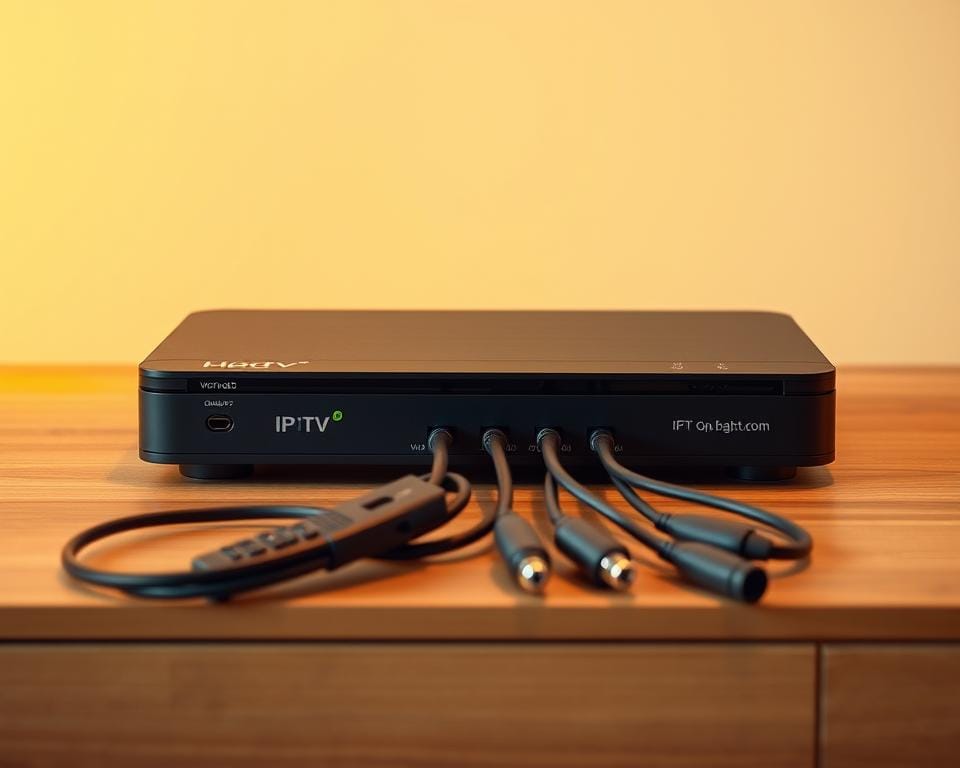 A high-quality IPTV box resting on a sleek, minimalist wooden surface, bathed in warm, diffused studio lighting. The box has a modern, understated design with clean lines and a matte black finish. The top surface features subtle branding and a few discrete ports and buttons. In the middle ground, various cables and connectors are neatly arranged, hinting at the box's connectivity and functionality. The background is a simple, neutral-colored wall, creating a sense of focus on the main subject. The overall scene conveys a sense of simplicity, quality, and the practical nature of the IPTV equipment. A high-quality IPTV box resting on a sleek, minimalist wooden surface, bathed in warm, diffused studio lighting. The box has a modern, understated design with clean lines and a matte black finish. The top surface features subtle branding and a few discrete ports and buttons. In the middle ground, various cables and connectors are neatly arranged, hinting at the box's connectivity and functionality. The background is a simple, neutral-colored wall, creating a sense of focus on the main subject. The overall scene conveys a sense of simplicity, quality, and the practical nature of the IPTV equipment.