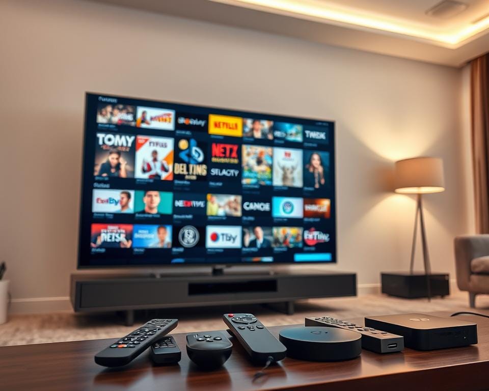 A high-quality IPTV service displayed on a sleek, modern TV set. In the foreground, the TV screen shows a diverse array of live and on-demand TV channels, reflecting the comprehensive selection of premium content available. In the middle ground, various remote controls and streaming devices are neatly arranged, highlighting the ease of access and compatibility with multiple platforms. The background features a minimalist, well-lit living room setting, creating a cozy and inviting atmosphere for enjoying the ultimate IPTV experience. A high-quality IPTV service displayed on a sleek, modern TV set. In the foreground, the TV screen shows a diverse array of live and on-demand TV channels, reflecting the comprehensive selection of premium content available. In the middle ground, various remote controls and streaming devices are neatly arranged, highlighting the ease of access and compatibility with multiple platforms. The background features a minimalist, well-lit living room setting, creating a cozy and inviting atmosphere for enjoying the ultimate IPTV experience.
