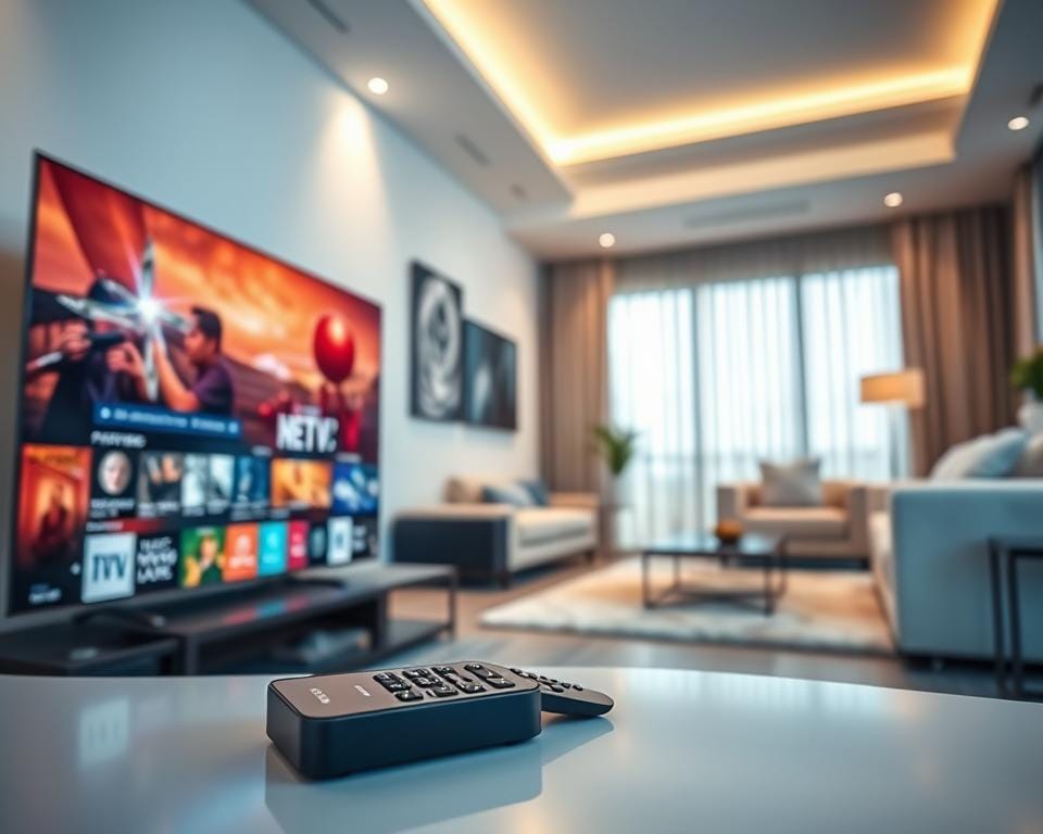 A high-quality IPTV service showcased in a modern, sophisticated setting. In the foreground, a sleek smart TV displays a vibrant, crystal-clear image of premium content. The middle ground features a minimalist home entertainment setup, with a modern, high-end remote control and a premium streaming device. The background is a stylish, well-lit living room, with contemporary furniture and decor that evokes a sense of comfort and luxury. The lighting is soft and indirect, creating a warm, inviting atmosphere. The overall scene conveys the superior quality, reliability, and premium experience of the IPTV service. A high-quality IPTV service showcased in a modern, sophisticated setting. In the foreground, a sleek smart TV displays a vibrant, crystal-clear image of premium content. The middle ground features a minimalist home entertainment setup, with a modern, high-end remote control and a premium streaming device. The background is a stylish, well-lit living room, with contemporary furniture and decor that evokes a sense of comfort and luxury. The lighting is soft and indirect, creating a warm, inviting atmosphere. The overall scene conveys the superior quality, reliability, and premium experience of the IPTV service.