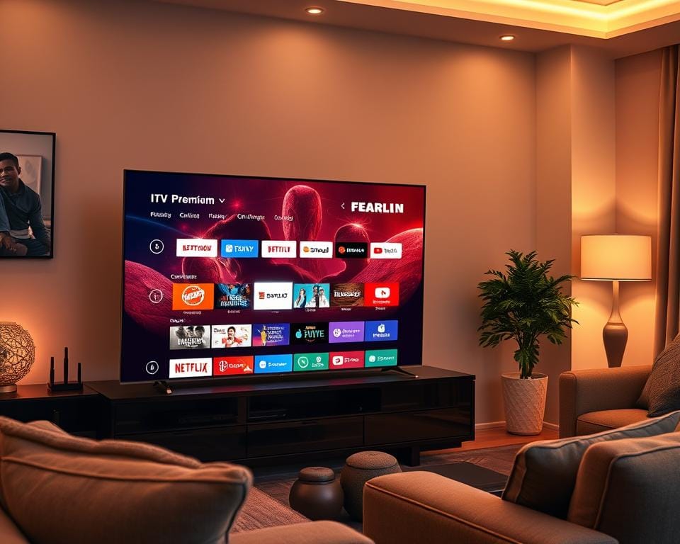 A high-quality IPTV setup featuring a sleek, modern smart TV displaying a vivid, crystal-clear image of a premium television channel. The TV is situated in a cozy, well-lit living room with warm, ambient lighting creating a comfortable, inviting atmosphere. Plush furniture and tasteful decor elements fill the scene, conveying a sense of luxury and sophistication. The TV's interface showcases a wide selection of premium channels and on-demand content, suggesting the breadth of entertainment options available through this superior IPTV service. The overall scene exudes a feeling of refined enjoyment, perfectly capturing the essence of an elevated IPTV experience. A high-quality IPTV setup featuring a sleek, modern smart TV displaying a vivid, crystal-clear image of a premium television channel. The TV is situated in a cozy, well-lit living room with warm, ambient lighting creating a comfortable, inviting atmosphere. Plush furniture and tasteful decor elements fill the scene, conveying a sense of luxury and sophistication. The TV's interface showcases a wide selection of premium channels and on-demand content, suggesting the breadth of entertainment options available through this superior IPTV service. The overall scene exudes a feeling of refined enjoyment, perfectly capturing the essence of an elevated IPTV experience.