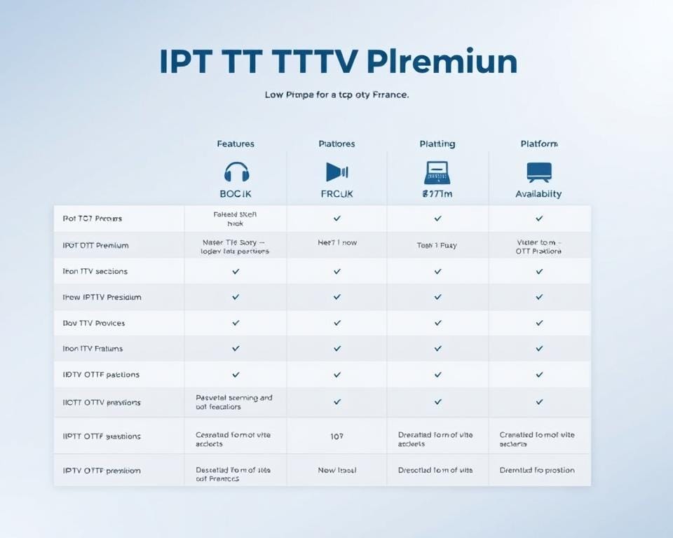 A high-quality, detailed comparison of the top IPTV OTT Premium services in France. A clean, modern layout showcases the key features, pricing, and platform availability of the leading providers in a minimalist, data-driven visual style. The image has a cool, tech-forward palette with subtle gradients and simple geometric shapes, conveying a sense of professionalism and authority. The composition is balanced and symmetrical, with thoughtfully arranged icons and information displayed against a sleek, muted background. The overall impression is one of a comprehensive, well-researched guide to the IPTV OTT Premium market in France. A high-quality, detailed comparison of the top IPTV OTT Premium services in France. A clean, modern layout showcases the key features, pricing, and platform availability of the leading providers in a minimalist, data-driven visual style. The image has a cool, tech-forward palette with subtle gradients and simple geometric shapes, conveying a sense of professionalism and authority. The composition is balanced and symmetrical, with thoughtfully arranged icons and information displayed against a sleek, muted background. The overall impression is one of a comprehensive, well-researched guide to the IPTV OTT Premium market in France.