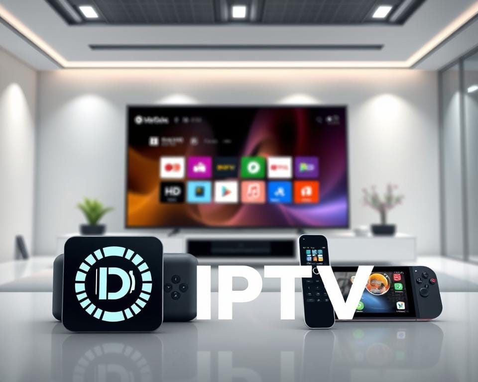 A high-quality digital illustration depicting a modern, professional-looking "IPTV Premium OTT" service provider. The foreground features the company's logo and branding, conveying a sense of trustworthiness and reliability. The middle ground showcases a selection of smart devices, including a smart TV, smartphone, and tablet, showcasing the versatility of the service. The background depicts a sleek, minimalist office environment with clean lines and neutral colors, creating a sophisticated and tech-savvy atmosphere. The lighting is soft and evenly distributed, highlighting the products and creating a sense of quality and attention to detail. The overall mood is one of sophistication, innovation, and a premium user experience.