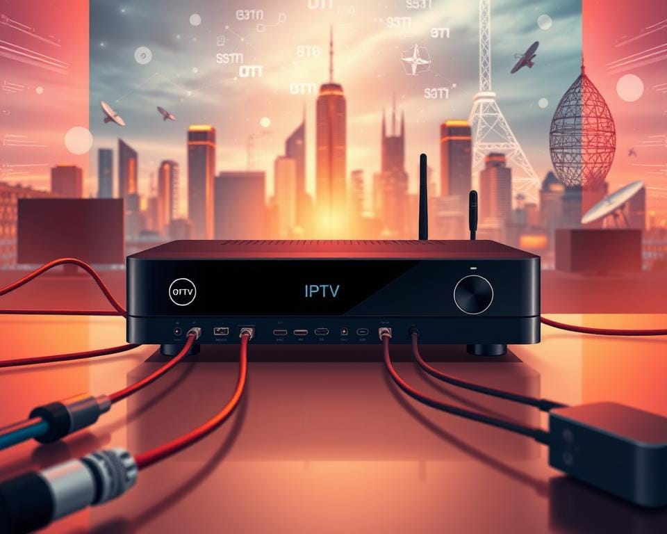 A high-quality digital illustration depicting the core concepts of IPTV and OTT technologies. In the foreground, a sleek and modern digital media box connected to various cable and wireless devices, symbolizing the convergence of traditional TV and internet-based streaming. In the middle ground, a dynamic visualization of data packets and wireless signals, representing the underlying technical infrastructure. In the background, a cityscape with skyscrapers and satellite dishes, conveying the ubiquity and global reach of these technologies. The scene is bathed in a warm, futuristic lighting, creating a sense of sophistication and innovation. The overall composition should strike a balance between technical detail and aesthetic appeal, making it an effective visual aid for the article's section on understanding IPTV and OTT. A high-quality digital illustration depicting the core concepts of IPTV and OTT technologies. In the foreground, a sleek and modern digital media box connected to various cable and wireless devices, symbolizing the convergence of traditional TV and internet-based streaming. In the middle ground, a dynamic visualization of data packets and wireless signals, representing the underlying technical infrastructure. In the background, a cityscape with skyscrapers and satellite dishes, conveying the ubiquity and global reach of these technologies. The scene is bathed in a warm, futuristic lighting, creating a sense of sophistication and innovation. The overall composition should strike a balance between technical detail and aesthetic appeal, making it an effective visual aid for the article's section on understanding IPTV and OTT.