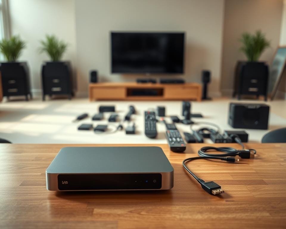 A high-quality image showcasing premium IPTV equipment. Prominently displayed in the foreground, a sleek and modern IPTV set-top box with a minimalist design, sitting atop a polished wooden surface. In the middle ground, an assortment of remote controls, cables, and adapters neatly arranged, hinting at the versatility and connectivity of the system. The background features a clean, neutral-toned room, with subtle lighting that casts a warm glow, creating a sense of sophistication and attention to detail. The overall composition conveys the premium nature of the IPTV setup, inviting the viewer to imagine the high-quality viewing experience it can provide. A high-quality image showcasing premium IPTV equipment. Prominently displayed in the foreground, a sleek and modern IPTV set-top box with a minimalist design, sitting atop a polished wooden surface. In the middle ground, an assortment of remote controls, cables, and adapters neatly arranged, hinting at the versatility and connectivity of the system. The background features a clean, neutral-toned room, with subtle lighting that casts a warm glow, creating a sense of sophistication and attention to detail. The overall composition conveys the premium nature of the IPTV setup, inviting the viewer to imagine the high-quality viewing experience it can provide.