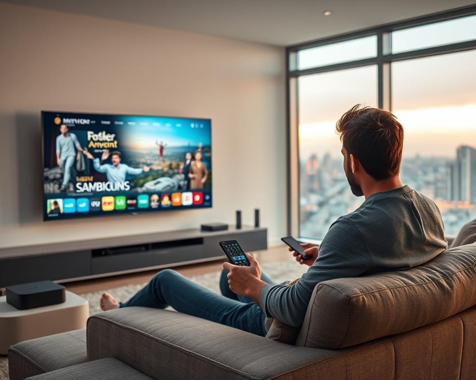 A high-quality, realistic image depicting the advantages of IPTV and OTT services over traditional television. The scene shows a modern living room with a large, ultra-high-definition smart TV displaying streaming content. In the foreground, a young couple sits comfortably on a plush sofa, each holding a sleek, minimalist remote control. Soft, diffused lighting illuminates the space, creating a warm, inviting atmosphere. The middle ground features a high-end media center unit with various streaming devices, while the background showcases large windows offering a panoramic view of a vibrant cityscape. The overall composition conveys the convenience, flexibility, and content-rich experience of IPTV and OTT technologies compared to the limitations of traditional cable or satellite TV. A high-quality, realistic image depicting the advantages of IPTV and OTT services over traditional television. The scene shows a modern living room with a large, ultra-high-definition smart TV displaying streaming content. In the foreground, a young couple sits comfortably on a plush sofa, each holding a sleek, minimalist remote control. Soft, diffused lighting illuminates the space, creating a warm, inviting atmosphere. The middle ground features a high-end media center unit with various streaming devices, while the background showcases large windows offering a panoramic view of a vibrant cityscape. The overall composition conveys the convenience, flexibility, and content-rich experience of IPTV and OTT technologies compared to the limitations of traditional cable or satellite TV.