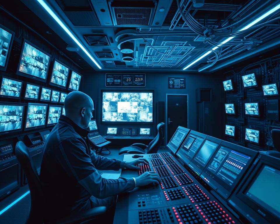 A high-tech control room, with rows of monitors displaying live IPTV feeds. The room is bathed in a cool, blue-tinted lighting, creating a sleek, futuristic atmosphere. In the foreground, a technician sits at a central console, hands hovering over a array of switches and dials, intently monitoring the IPTV system. The background is filled with intricate network diagrams, cable management systems, and server racks, showcasing the complex infrastructure that powers IPTV technology. The overall scene conveys the precision, efficiency, and cutting-edge nature of modern IPTV systems.