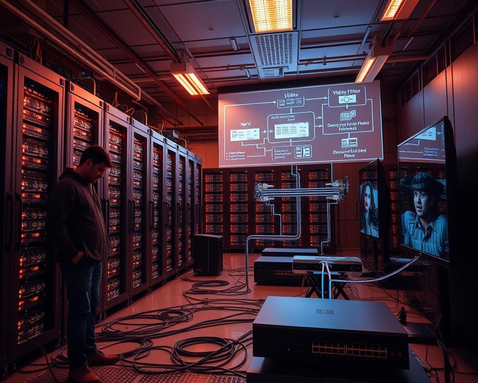 A high-tech data center filled with rows of server racks and blinking lights, illuminated by warm overhead lighting. In the foreground, a technician examines a network switch, cables snaking across the floor. The middle ground showcases IPTV set-top boxes and smart TVs, connected to the infrastructure via ethernet cables. In the background, a schematic diagram of an IPTV system projects onto a large screen, detailing the flow of video and data. The entire scene conveys the complex, interconnected nature of modern IPTV technology, ready to power a seamless home entertainment experience. A high-tech data center filled with rows of server racks and blinking lights, illuminated by warm overhead lighting. In the foreground, a technician examines a network switch, cables snaking across the floor. The middle ground showcases IPTV set-top boxes and smart TVs, connected to the infrastructure via ethernet cables. In the background, a schematic diagram of an IPTV system projects onto a large screen, detailing the flow of video and data. The entire scene conveys the complex, interconnected nature of modern IPTV technology, ready to power a seamless home entertainment experience.