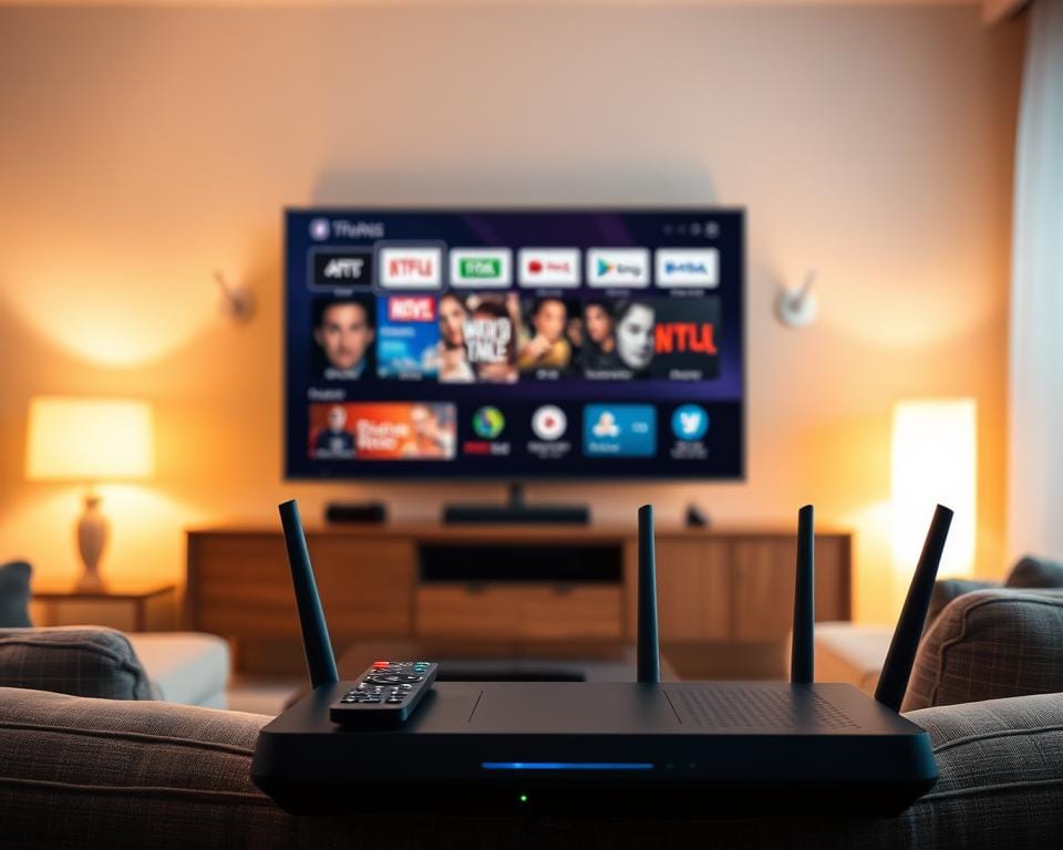 A high-tech living room with sleek 4K smart TV and streaming set-top box. Warm ambient lighting casts a cozy glow, illuminating the modern minimalist furniture. In the foreground, a remote control and high-speed internet router sit neatly arranged, hinting at the advanced technology powering this premium OTT entertainment setup. The scene evokes a sense of comfort and seamless digital connectivity, ready to immerse the viewer in the best IPTV experience.