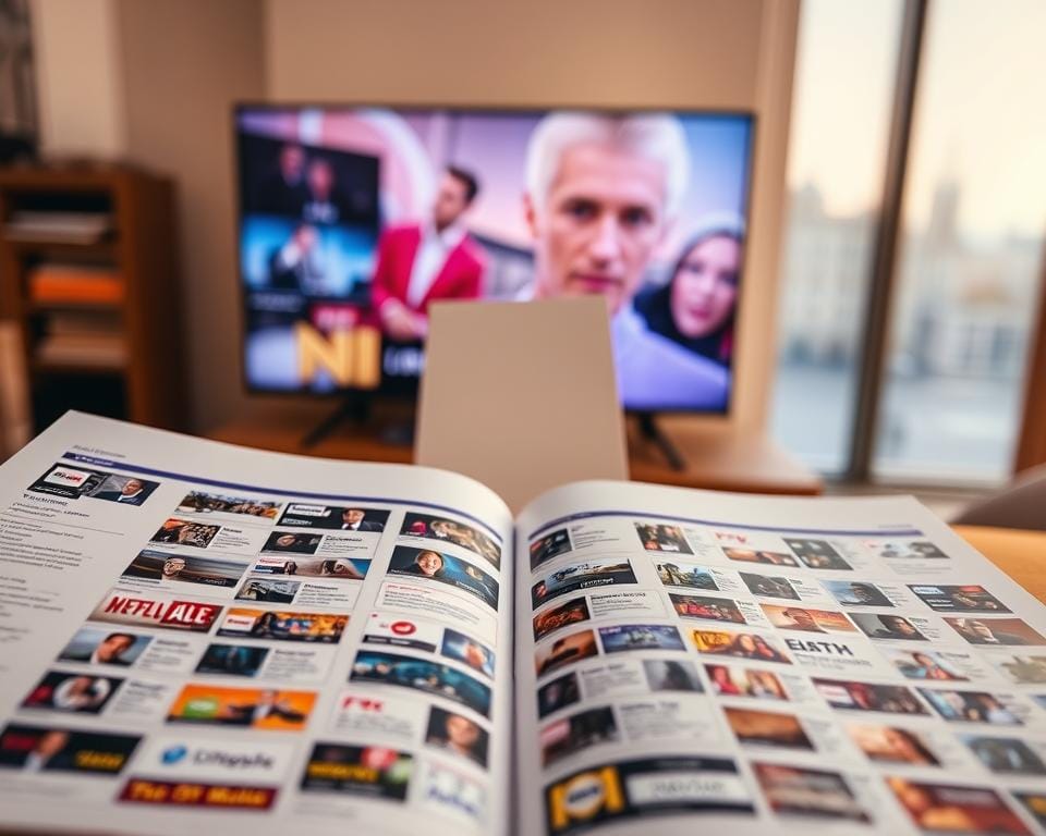 A meticulously crafted television guide, its pages filled with a vibrant array of program listings. The foreground features a detailed grid layout, showcasing a diverse selection of shows across various channels and time slots. The middle ground depicts the guide's cover, with a sleek, minimalist design and a subtle, elegant title. In the background, a softly blurred cityscape provides a sense of place, hinting at the urban setting this guide serves. The lighting is warm and inviting, creating a cozy, informative atmosphere. The camera angle is slightly elevated, providing a comprehensive overview of the guide's structure and content, perfectly capturing the essence of this essential media companion. A meticulously crafted television guide, its pages filled with a vibrant array of program listings. The foreground features a detailed grid layout, showcasing a diverse selection of shows across various channels and time slots. The middle ground depicts the guide's cover, with a sleek, minimalist design and a subtle, elegant title. In the background, a softly blurred cityscape provides a sense of place, hinting at the urban setting this guide serves. The lighting is warm and inviting, creating a cozy, informative atmosphere. The camera angle is slightly elevated, providing a comprehensive overview of the guide's structure and content, perfectly capturing the essence of this essential media companion.