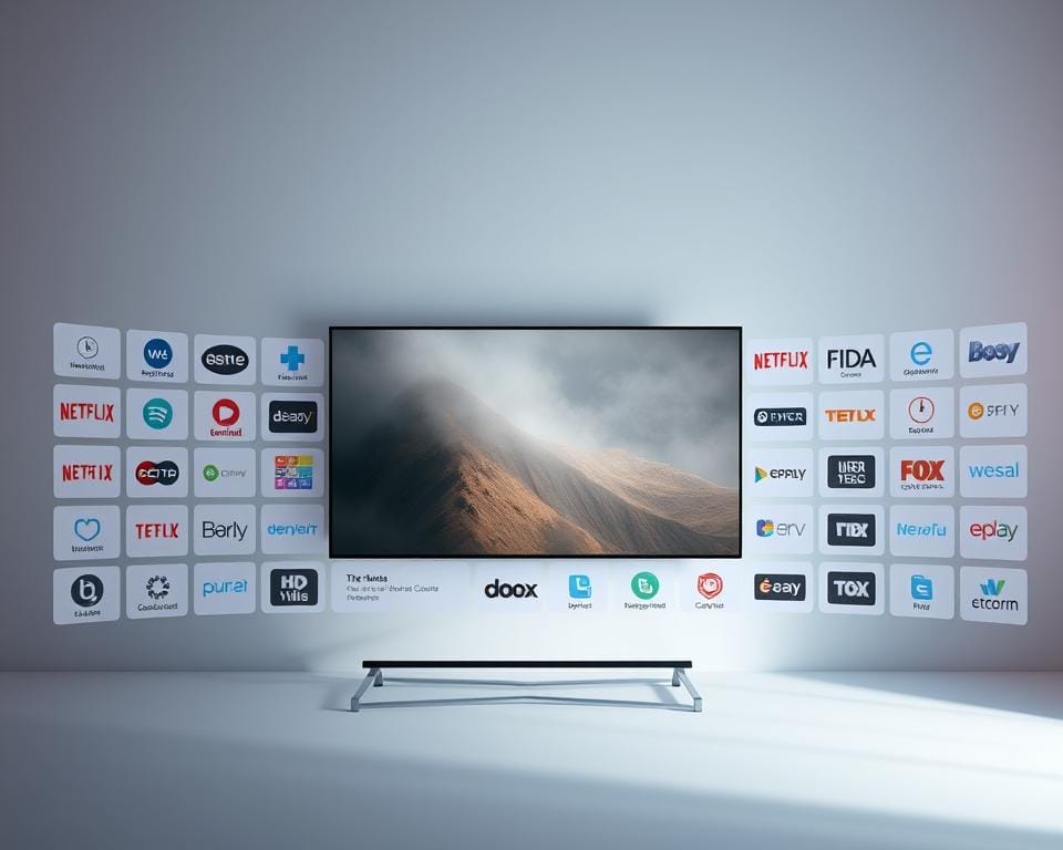 A minimalist yet modern digital platform interface, showcasing a clean grid layout of various OTT service icons and logos. The platform is set against a soft, gradient background, creating a sleek and visually appealing aesthetic. The foreground features a central hero image or animation, highlighting the key features and capabilities of the OTT platform. The middle ground includes neatly organized sections for different content categories, genres, and user recommendations. The background subtly incorporates design elements that evoke a sense of technology, connectivity, and digital entertainment. The lighting is balanced, with gentle shadows and highlights that emphasize the platform's user-friendly and intuitive design. The overall mood is one of sophistication, accessibility, and the seamless integration of modern digital media consumption. A minimalist yet modern digital platform interface, showcasing a clean grid layout of various OTT service icons and logos. The platform is set against a soft, gradient background, creating a sleek and visually appealing aesthetic. The foreground features a central hero image or animation, highlighting the key features and capabilities of the OTT platform. The middle ground includes neatly organized sections for different content categories, genres, and user recommendations. The background subtly incorporates design elements that evoke a sense of technology, connectivity, and digital entertainment. The lighting is balanced, with gentle shadows and highlights that emphasize the platform's user-friendly and intuitive design. The overall mood is one of sophistication, accessibility, and the seamless integration of modern digital media consumption.