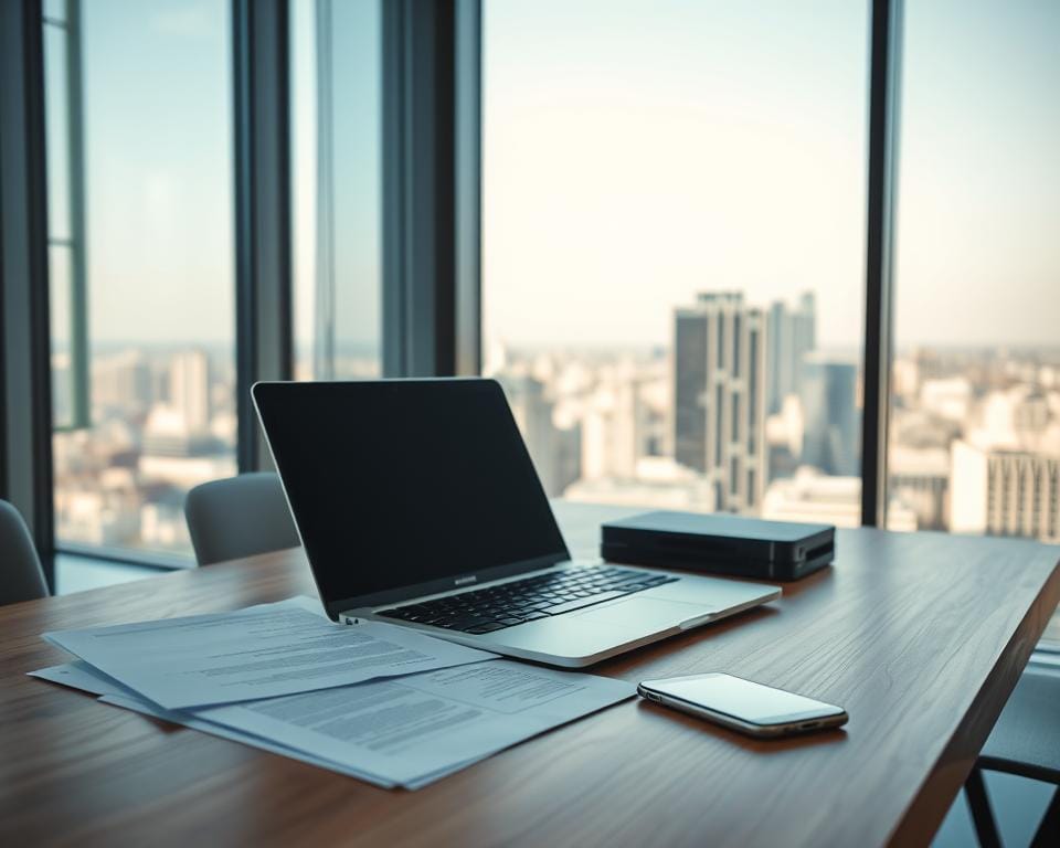 A modern and clean-looking office workspace with a laptop, documents, and a smartphone on a wooden desk. The background features a large window overlooking a cityscape, providing natural lighting. The overall atmosphere is professional and focused, reflecting the task of researching and identifying a reliable IPTV provider. The lighting is bright and even, highlighting the technical details of the devices on the desk. The composition emphasizes the desk and its contents, with the cityscape in the background serving as a subtle context. A modern and clean-looking office workspace with a laptop, documents, and a smartphone on a wooden desk. The background features a large window overlooking a cityscape, providing natural lighting. The overall atmosphere is professional and focused, reflecting the task of researching and identifying a reliable IPTV provider. The lighting is bright and even, highlighting the technical details of the devices on the desk. The composition emphasizes the desk and its contents, with the cityscape in the background serving as a subtle context.