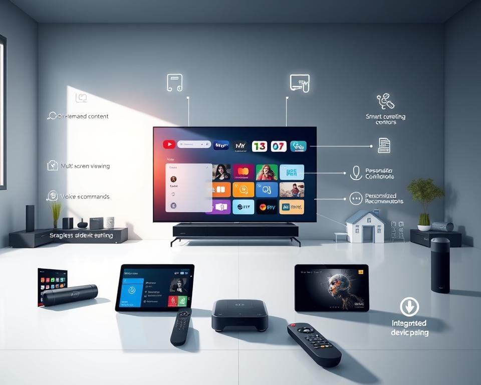 A modern and visually striking illustration depicting advanced IPTV features. Set in a sleek, minimalist interior, the image showcases a large, high-definition TV screen surrounded by a variety of smart devices and remote controls. The foreground features an array of intuitive interfaces and menus, highlighting the breadth of functionality - on-demand content, live TV, multi-screen viewing, and personalized recommendations. The middle ground showcases integrated smart home controls, voice commands, and seamless device pairing. The background is softly lit, creating a sense of sophistication and technological prowess. The overall composition conveys the power and versatility of a premium IPTV solution. A modern and visually striking illustration depicting advanced IPTV features. Set in a sleek, minimalist interior, the image showcases a large, high-definition TV screen surrounded by a variety of smart devices and remote controls. The foreground features an array of intuitive interfaces and menus, highlighting the breadth of functionality - on-demand content, live TV, multi-screen viewing, and personalized recommendations. The middle ground showcases integrated smart home controls, voice commands, and seamless device pairing. The background is softly lit, creating a sense of sophistication and technological prowess. The overall composition conveys the power and versatility of a premium IPTV solution.