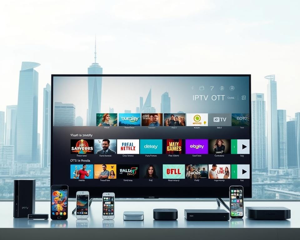 A modern digital streaming platform with a sleek, minimalist interface. In the foreground, a smart TV display shows a selection of popular OTT channels and services. In the middle ground, various devices like smartphones, tablets, and streaming boxes are arranged, representing the cross-platform accessibility of the IPTV OTT service. The background features a clean, futuristic cityscape with towering skyscrapers and a vibrant urban atmosphere, suggesting the advanced, cutting-edge technology powering the IPTV OTT experience. The lighting is soft and even, creating a sophisticated and professional ambiance. The overall composition conveys the convenience, versatility, and high-quality nature of the IPTV OTT platform. A modern digital streaming platform with a sleek, minimalist interface. In the foreground, a smart TV display shows a selection of popular OTT channels and services. In the middle ground, various devices like smartphones, tablets, and streaming boxes are arranged, representing the cross-platform accessibility of the IPTV OTT service. The background features a clean, futuristic cityscape with towering skyscrapers and a vibrant urban atmosphere, suggesting the advanced, cutting-edge technology powering the IPTV OTT experience. The lighting is soft and even, creating a sophisticated and professional ambiance. The overall composition conveys the convenience, versatility, and high-quality nature of the IPTV OTT platform.