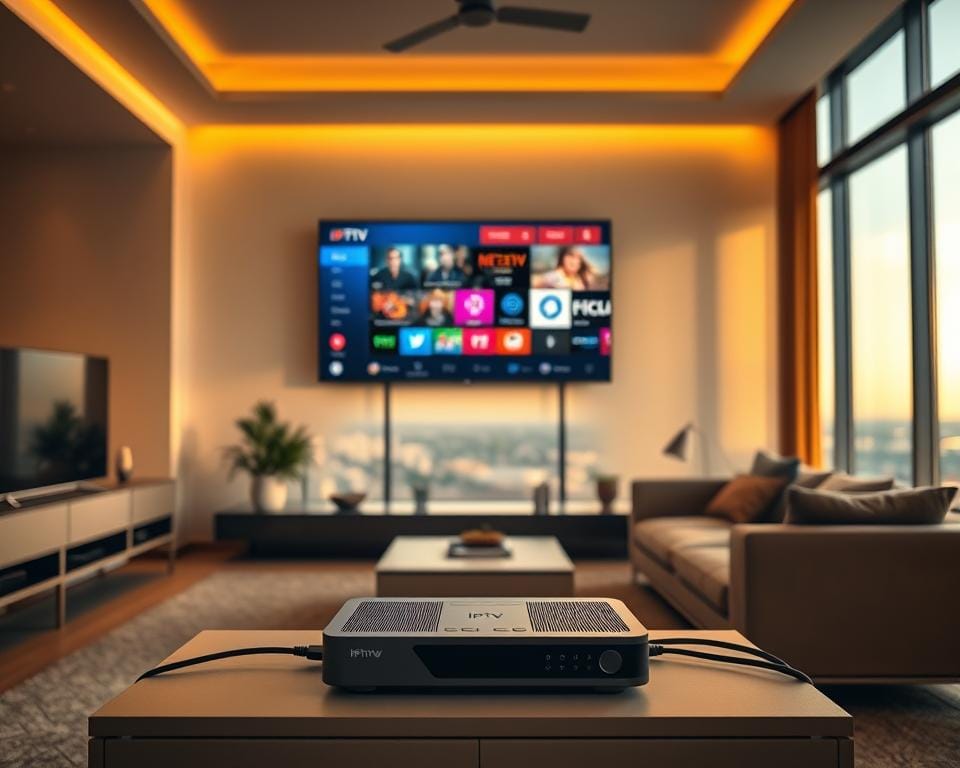 A modern, elegant living room with a large wall-mounted television displaying a vibrant IPTV interface. The room is bathed in warm, diffused lighting, creating a cozy, inviting atmosphere. In the foreground, a sleek, minimalist IPTV set-top box sits atop a minimalist entertainment center, surrounded by neatly organized cable management. The middle ground features comfortable, plush seating and a coffee table, conveying a sense of relaxation and enjoyment. The background showcases large windows overlooking a scenic cityscape, emphasizing the convenience and flexibility of IPTV compared to traditional television services. A modern, elegant living room with a large wall-mounted television displaying a vibrant IPTV interface. The room is bathed in warm, diffused lighting, creating a cozy, inviting atmosphere. In the foreground, a sleek, minimalist IPTV set-top box sits atop a minimalist entertainment center, surrounded by neatly organized cable management. The middle ground features comfortable, plush seating and a coffee table, conveying a sense of relaxation and enjoyment. The background showcases large windows overlooking a scenic cityscape, emphasizing the convenience and flexibility of IPTV compared to traditional television services.