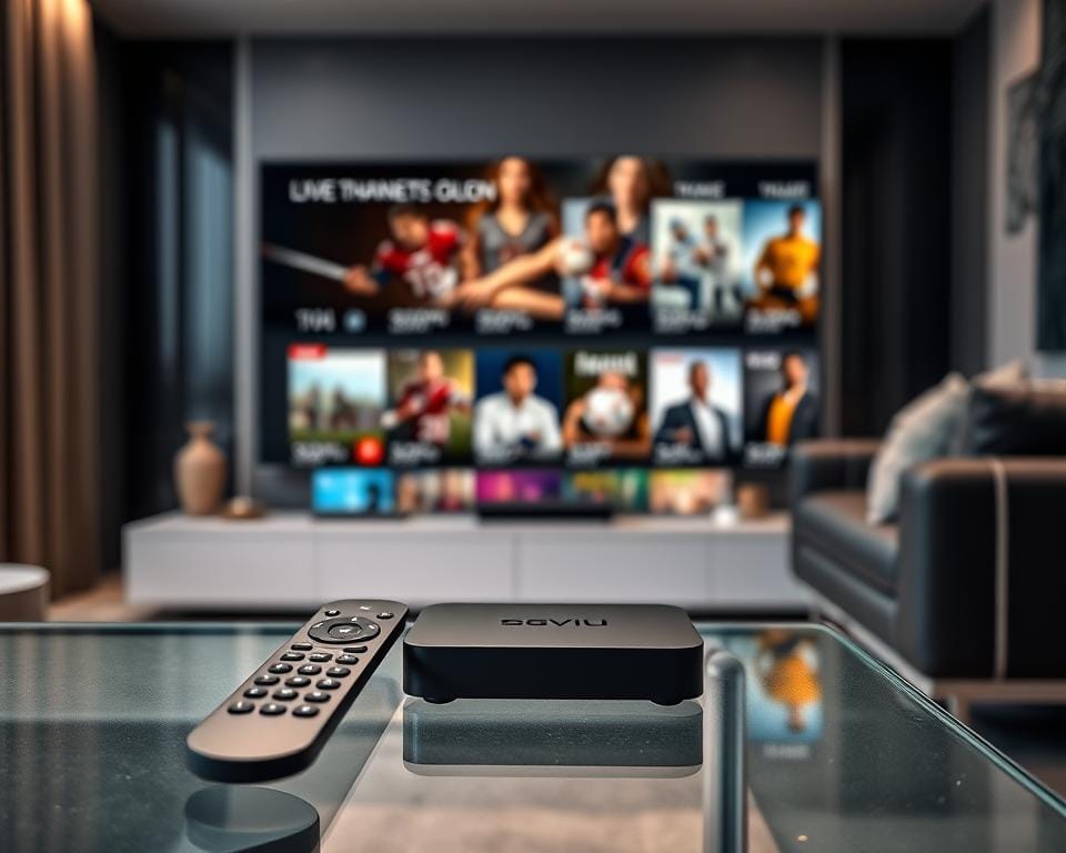 A modern, high-quality IPTV OTT service showcasing a variety of premium entertainment options. In the foreground, an elegant remote control with sleek, minimalist design rests on a glass table, subtly hinting at the seamless user experience. The middle ground features a state-of-the-art streaming device, its clean lines and matte finish conveying a sense of sophistication. In the background, a large, high-resolution display depicts a diverse array of content, from live sports to the latest blockbuster movies, all framed by a modern, minimalist interior design. The overall scene exudes a sense of luxury, convenience, and the promise of a truly immersive and cutting-edge entertainment experience. A modern, high-quality IPTV OTT service showcasing a variety of premium entertainment options. In the foreground, an elegant remote control with sleek, minimalist design rests on a glass table, subtly hinting at the seamless user experience. The middle ground features a state-of-the-art streaming device, its clean lines and matte finish conveying a sense of sophistication. In the background, a large, high-resolution display depicts a diverse array of content, from live sports to the latest blockbuster movies, all framed by a modern, minimalist interior design. The overall scene exudes a sense of luxury, convenience, and the promise of a truly immersive and cutting-edge entertainment experience.