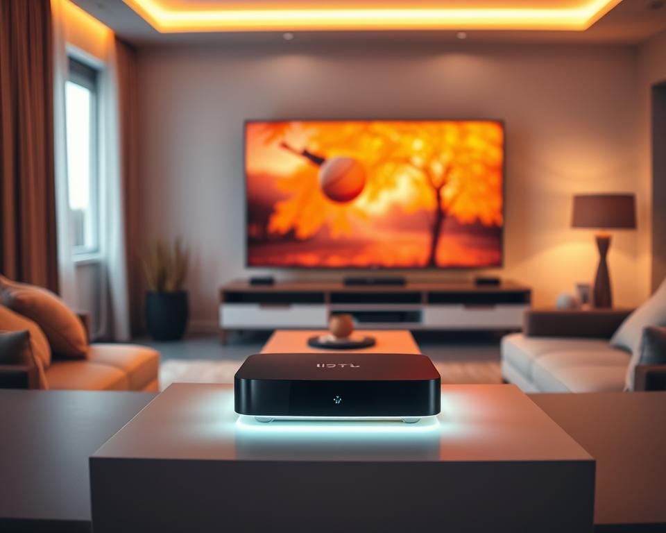 A modern home entertainment setup featuring a sleek IPTV OTT device prominently displayed, surrounded by a minimalist living room setting. The device emits a soft, ambient glow, hinting at the advanced streaming capabilities it offers. The room is bathed in warm, natural lighting, creating a cozy, inviting atmosphere. In the background, a large, high-resolution display showcases vibrant, lifelike television content, reflecting the enhanced visual quality of IPTV OTT technology. The overall scene conveys the evolution of the home television experience, blending cutting-edge hardware with a sense of comfort and modernity. A modern home entertainment setup featuring a sleek IPTV OTT device prominently displayed, surrounded by a minimalist living room setting. The device emits a soft, ambient glow, hinting at the advanced streaming capabilities it offers. The room is bathed in warm, natural lighting, creating a cozy, inviting atmosphere. In the background, a large, high-resolution display showcases vibrant, lifelike television content, reflecting the enhanced visual quality of IPTV OTT technology. The overall scene conveys the evolution of the home television experience, blending cutting-edge hardware with a sense of comfort and modernity.