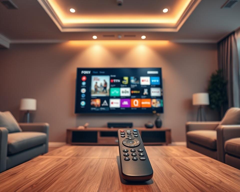 A modern living room interior with a large flatscreen smart TV mounted on the wall. The TV screen displays the Foxx IPTV user interface, showcasing various streaming channels and services. In the foreground, a sleek black TV remote control is prominently placed on a minimalist wooden coffee table. Warm lighting from recessed ceiling fixtures creates a cozy, inviting atmosphere. The room features neutral-toned walls, plush upholstered furniture, and subtle decorative accents that complement the smart TV setup. The overall scene emphasizes the seamless integration of Foxx IPTV into a contemporary home entertainment system. A modern living room interior with a large flatscreen smart TV mounted on the wall. The TV screen displays the Foxx IPTV user interface, showcasing various streaming channels and services. In the foreground, a sleek black TV remote control is prominently placed on a minimalist wooden coffee table. Warm lighting from recessed ceiling fixtures creates a cozy, inviting atmosphere. The room features neutral-toned walls, plush upholstered furniture, and subtle decorative accents that complement the smart TV setup. The overall scene emphasizes the seamless integration of Foxx IPTV into a contemporary home entertainment system.