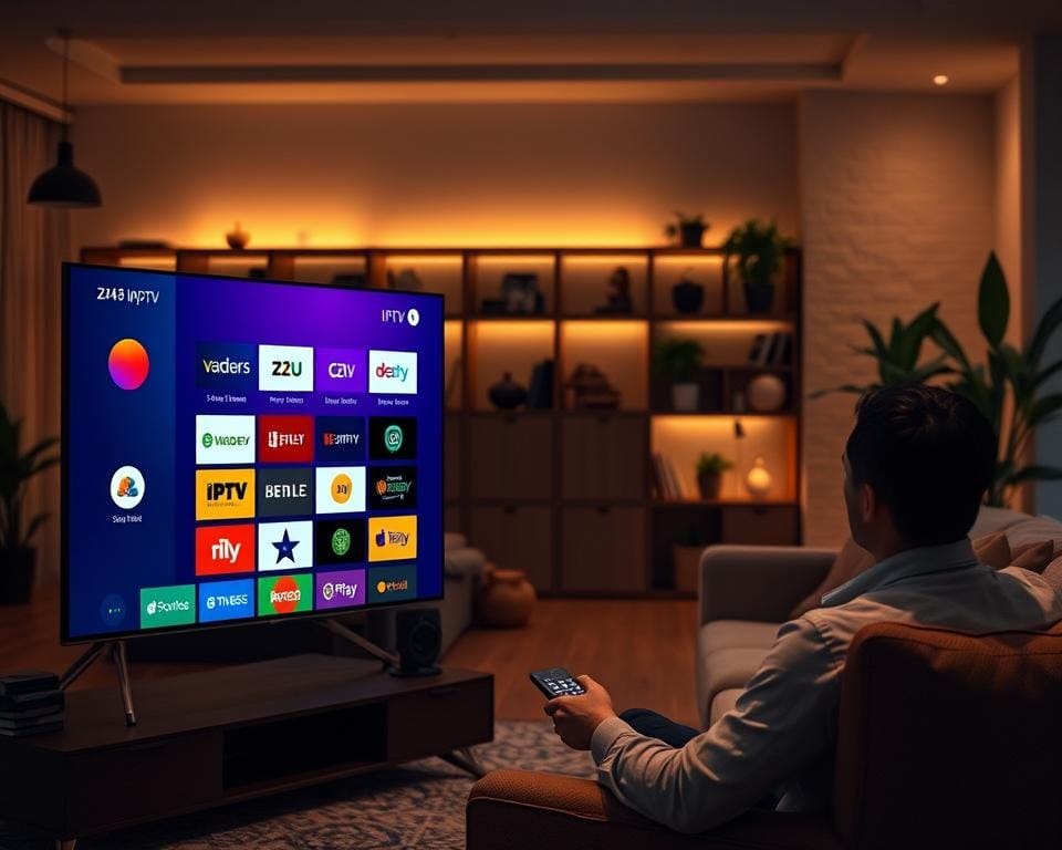A modern living room with a cozy, dimly-lit atmosphere. In the foreground, a sleek, minimalist smart TV displaying various IPTV app icons. The app icons are vibrant and well-designed, showcasing popular IPTV services like Z2U, Vaders, and others. In the middle ground, a person seated on a comfortable couch, using a remote control to navigate the IPTV apps. The background features bookshelves, houseplants, and subtle warm lighting, creating a relaxing, homely ambiance. The overall scene conveys the ease and convenience of using IPTV applications to access a wide range of content. A modern living room with a cozy, dimly-lit atmosphere. In the foreground, a sleek, minimalist smart TV displaying various IPTV app icons. The app icons are vibrant and well-designed, showcasing popular IPTV services like Z2U, Vaders, and others. In the middle ground, a person seated on a comfortable couch, using a remote control to navigate the IPTV apps. The background features bookshelves, houseplants, and subtle warm lighting, creating a relaxing, homely ambiance. The overall scene conveys the ease and convenience of using IPTV applications to access a wide range of content.