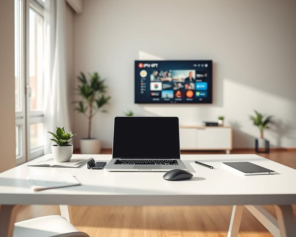 A modern, minimalist home office setup with a laptop, smartphone, and wireless mouse on a clean, white desk. The space is well-lit with natural light from a large window, creating a serene and productive atmosphere. The desk is decorated with a potted plant and a few technical manuals, hinting at the IPTV OTT configuration process. The walls feature minimalist decor, with a sleek TV or monitor mounted on the wall, showcasing the IPTV OTT service interface. The overall scene conveys a sense of efficiency, organization, and technological sophistication. A modern, minimalist home office setup with a laptop, smartphone, and wireless mouse on a clean, white desk. The space is well-lit with natural light from a large window, creating a serene and productive atmosphere. The desk is decorated with a potted plant and a few technical manuals, hinting at the IPTV OTT configuration process. The walls feature minimalist decor, with a sleek TV or monitor mounted on the wall, showcasing the IPTV OTT service interface. The overall scene conveys a sense of efficiency, organization, and technological sophistication.