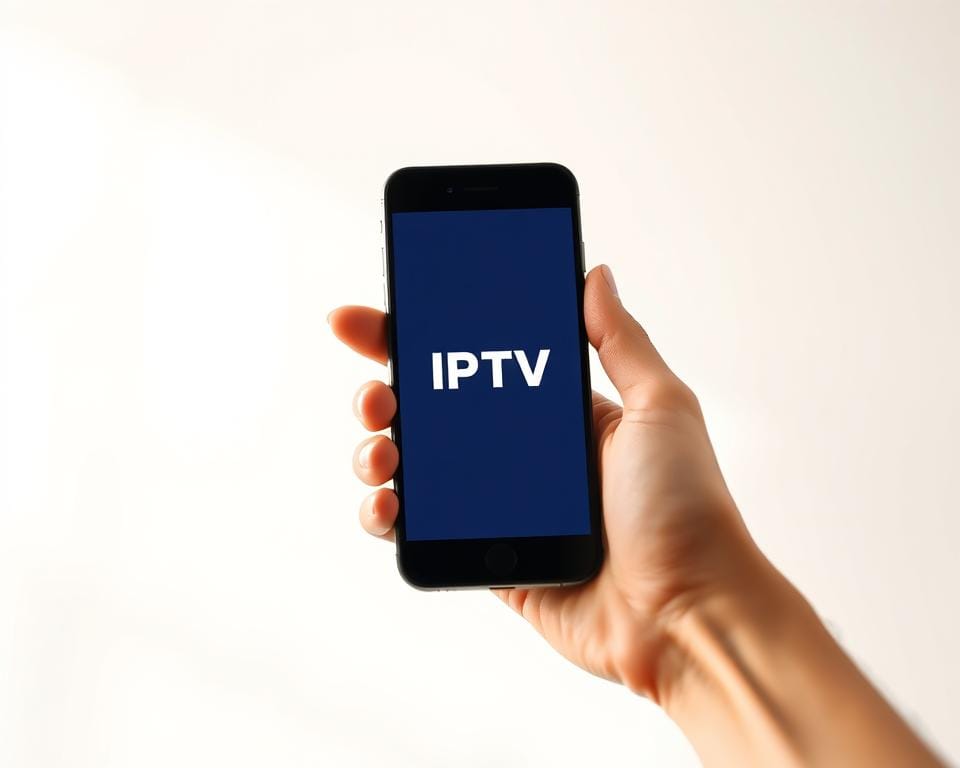 A modern, minimalist illustration depicting a person's hand holding a smartphone against a clean, light-colored background. The smartphone screen displays the "IPTV" logo and interface, conveying the concept of a premium IPTV subscription service. The scene is captured with a shallow depth of field, focusing attention on the smartphone screen and hand. Soft, natural lighting creates a calm, professional atmosphere, highlighting the sleek, high-tech design of the device. The overall composition should visually communicate the idea of accessing and subscribing to an IPTV service intuitively and effortlessly. A modern, minimalist illustration depicting a person's hand holding a smartphone against a clean, light-colored background. The smartphone screen displays the "IPTV" logo and interface, conveying the concept of a premium IPTV subscription service. The scene is captured with a shallow depth of field, focusing attention on the smartphone screen and hand. Soft, natural lighting creates a calm, professional atmosphere, highlighting the sleek, high-tech design of the device. The overall composition should visually communicate the idea of accessing and subscribing to an IPTV service intuitively and effortlessly.