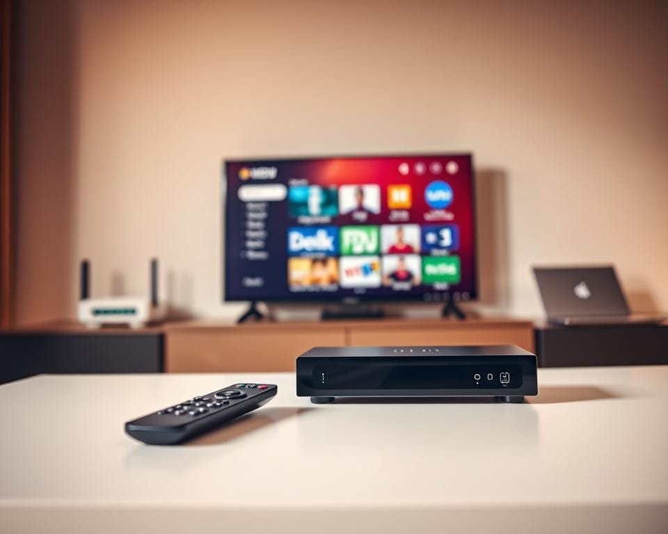 A modern, minimalist image showcasing the essential IPTV and OTT equipment. In the foreground, a sleek set-top box and a wireless remote control sit atop a clean, white surface. The middle ground features a high-quality 4K smart TV, its screen displaying a vibrant, colorful interface. In the background, a network router and a laptop computer symbolize the digital infrastructure required for IPTV and OTT streaming. Warm, indirect lighting creates a sense of technological sophistication, while muted tones and smooth surfaces convey a premium, user-friendly experience. The overall composition emphasizes the seamless integration of these devices, representing the convenience and accessibility of modern IPTV and OTT solutions. A modern, minimalist image showcasing the essential IPTV and OTT equipment. In the foreground, a sleek set-top box and a wireless remote control sit atop a clean, white surface. The middle ground features a high-quality 4K smart TV, its screen displaying a vibrant, colorful interface. In the background, a network router and a laptop computer symbolize the digital infrastructure required for IPTV and OTT streaming. Warm, indirect lighting creates a sense of technological sophistication, while muted tones and smooth surfaces convey a premium, user-friendly experience. The overall composition emphasizes the seamless integration of these devices, representing the convenience and accessibility of modern IPTV and OTT solutions.