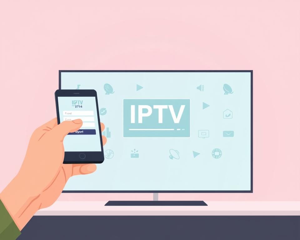 A modern, stylized illustration of a person signing up for an IPTV service. The foreground depicts a person's hand holding a digital tablet or smartphone, with a virtual subscription or payment interface displayed on the screen. The middle ground showcases a clean, minimal design featuring IPTV-related icons and graphics, such as satellite dishes, streaming bars, and channel logos. The background is a soft, gradient-based color scheme, conveying a sense of digital technology and connectivity. The overall mood is professional, streamlined, and focused on the ease and convenience of the IPTV subscription process. A modern, stylized illustration of a person signing up for an IPTV service. The foreground depicts a person's hand holding a digital tablet or smartphone, with a virtual subscription or payment interface displayed on the screen. The middle ground showcases a clean, minimal design featuring IPTV-related icons and graphics, such as satellite dishes, streaming bars, and channel logos. The background is a soft, gradient-based color scheme, conveying a sense of digital technology and connectivity. The overall mood is professional, streamlined, and focused on the ease and convenience of the IPTV subscription process.