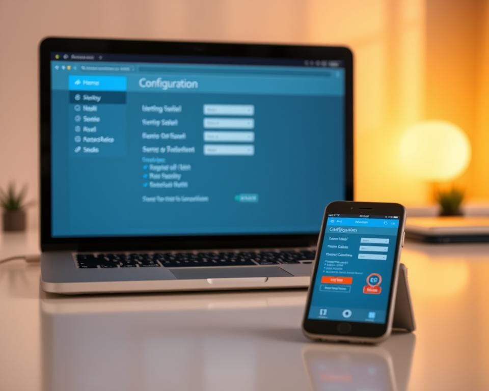 A modern, well-lit office setting with a laptop and a smartphone on a clean, minimalist desk. The laptop screen displays a IPTV configuration interface, showcasing various settings and options. The smartphone screen reflects the same IPTV interface, highlighting the seamless integration between devices. Warm, natural lighting illuminates the scene, creating a professional and inviting atmosphere. The overall composition emphasizes the simplicity and accessibility of setting up a legal IPTV service, conveying the ease of use and the reliability of the system. A modern, well-lit office setting with a laptop and a smartphone on a clean, minimalist desk. The laptop screen displays a IPTV configuration interface, showcasing various settings and options. The smartphone screen reflects the same IPTV interface, highlighting the seamless integration between devices. Warm, natural lighting illuminates the scene, creating a professional and inviting atmosphere. The overall composition emphasizes the simplicity and accessibility of setting up a legal IPTV service, conveying the ease of use and the reliability of the system.