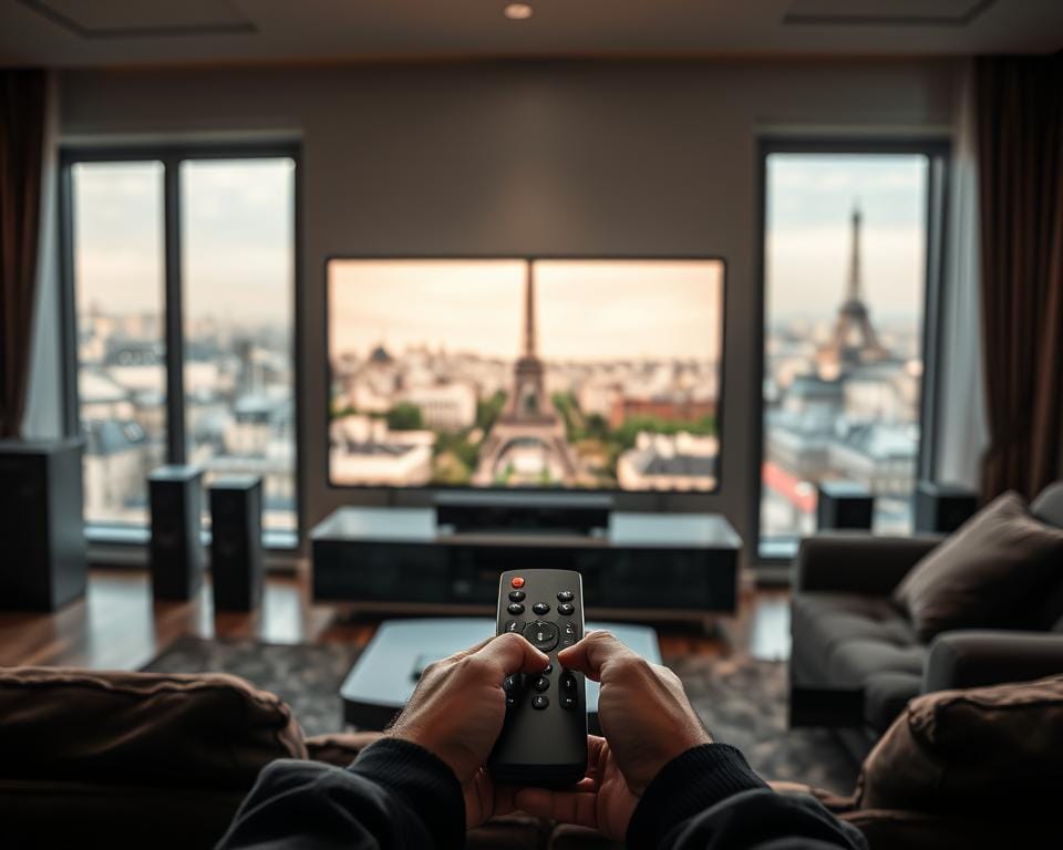 A premium IPTV OTT service in a modern, high-tech French living room. A sleek, minimalist smart TV displays a vibrant, crystal-clear image, surrounded by high-end audio equipment. Soft, ambient lighting creates a cozy, immersive atmosphere. In the foreground, a person's hands hold a sophisticated remote, ready to navigate the intuitive, customizable interface. The background features a large window overlooking a Parisian cityscape, hinting at the global content and convenience of the IPTV OTT service. The overall scene conveys the premium quality, advanced technology, and seamless user experience of the French IPTV OTT offering. A premium IPTV OTT service in a modern, high-tech French living room. A sleek, minimalist smart TV displays a vibrant, crystal-clear image, surrounded by high-end audio equipment. Soft, ambient lighting creates a cozy, immersive atmosphere. In the foreground, a person's hands hold a sophisticated remote, ready to navigate the intuitive, customizable interface. The background features a large window overlooking a Parisian cityscape, hinting at the global content and convenience of the IPTV OTT service. The overall scene conveys the premium quality, advanced technology, and seamless user experience of the French IPTV OTT offering.