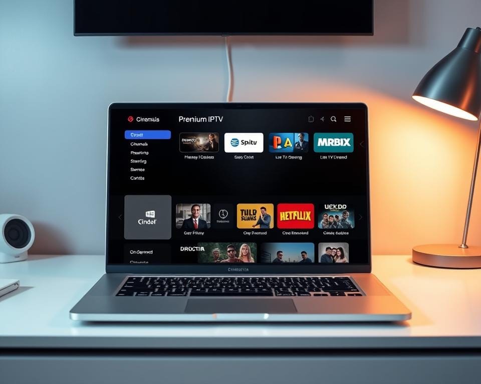 A premium IPTV subscription service displayed on a modern laptop screen, set against a sleek, minimal desk environment. The screen shows a clean user interface with easy navigation, highlighting key features like channel selection, live TV streaming, and on-demand content. The laptop is positioned in a well-lit setting, with soft, warm lighting that creates a professional, sophisticated atmosphere. The overall composition emphasizes the simplicity and accessibility of the IPTV service, inviting the viewer to imagine a seamless, premium viewing experience.