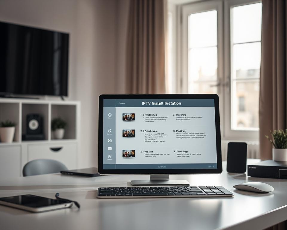 A professional and technologically-savvy setup for installing IPTV on Apple devices. A sleek, modern Apple device, such as an iPad or MacBook, is prominently displayed on a clean, minimalist desk. The device's screen shows step-by-step instructions for the IPTV installation process, with clear and intuitive visuals. The surrounding environment is well-lit, with natural lighting streaming in from a window, creating a calm and productive atmosphere. Essential tools, like a mouse and keyboard, are neatly arranged, complementing the overall aesthetic. The image conveys a sense of efficiency and user-friendliness, reflecting the practical nature of the IPTV installation guide. A professional and technologically-savvy setup for installing IPTV on Apple devices. A sleek, modern Apple device, such as an iPad or MacBook, is prominently displayed on a clean, minimalist desk. The device's screen shows step-by-step instructions for the IPTV installation process, with clear and intuitive visuals. The surrounding environment is well-lit, with natural lighting streaming in from a window, creating a calm and productive atmosphere. Essential tools, like a mouse and keyboard, are neatly arranged, complementing the overall aesthetic. The image conveys a sense of efficiency and user-friendliness, reflecting the practical nature of the IPTV installation guide.
