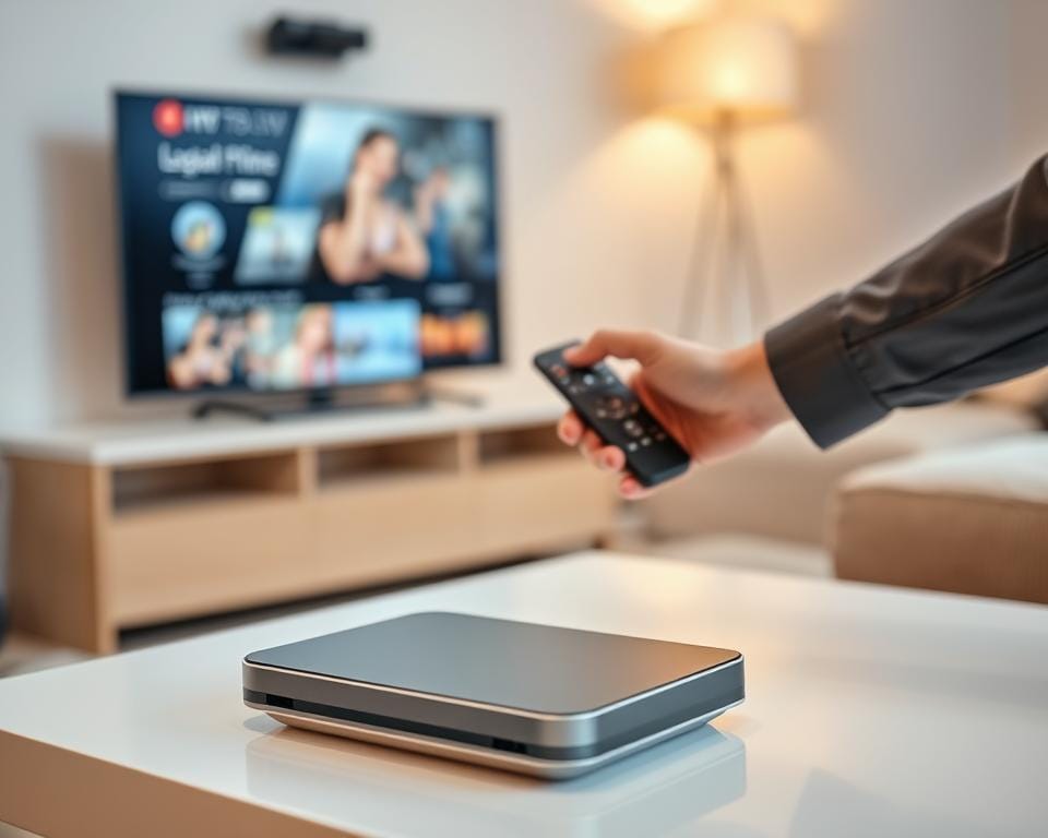 A professional high-definition photograph of a legal IPTV service. In the foreground, a modern streaming device with sleek lines and a minimalist design sits on a clean, white tabletop. The device's screen displays a well-designed user interface, showcasing a variety of legal streaming content options. In the middle ground, a person's hand casually operates the device's remote, emphasizing the ease of use. The background is a warm, soft-lit living room setting, suggesting the comfortable and legitimate nature of this IPTV solution. The overall scene conveys a sense of sophistication, legality, and the seamless integration of technology into everyday life. A professional high-definition photograph of a legal IPTV service. In the foreground, a modern streaming device with sleek lines and a minimalist design sits on a clean, white tabletop. The device's screen displays a well-designed user interface, showcasing a variety of legal streaming content options. In the middle ground, a person's hand casually operates the device's remote, emphasizing the ease of use. The background is a warm, soft-lit living room setting, suggesting the comfortable and legitimate nature of this IPTV solution. The overall scene conveys a sense of sophistication, legality, and the seamless integration of technology into everyday life.